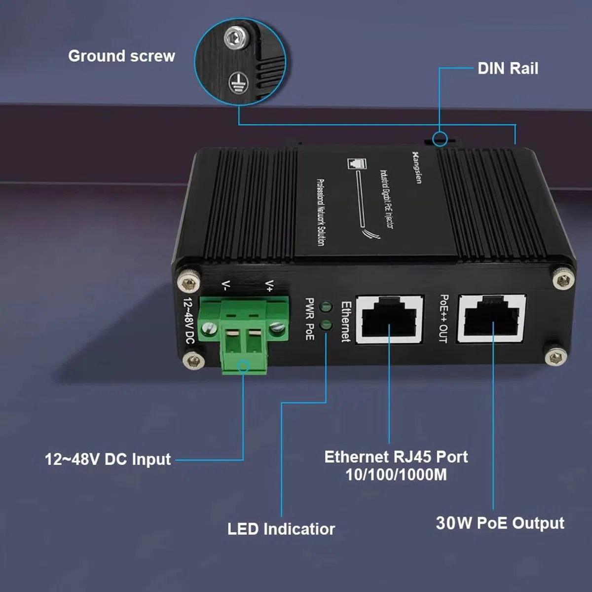 Injecteur Gigabit PoE, injecteur industriel Gigabit PoE+ (30 W)