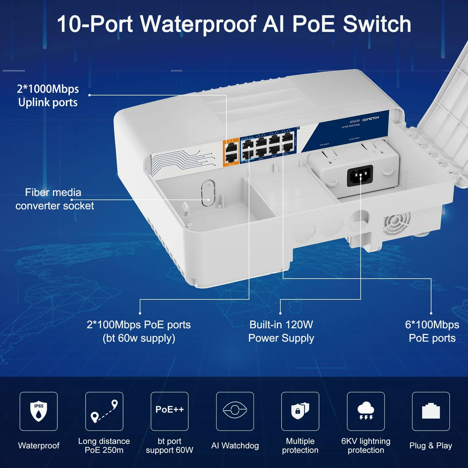Commutateur PoE extérieur à 10 ports avec 2 liaisons montantes | Étanchéité IP65 | Puissance intégrée de 120 W | IEEE802.3af/at/bt | AI Watchdog | Protection contre la foudre 6KV | Boîtier