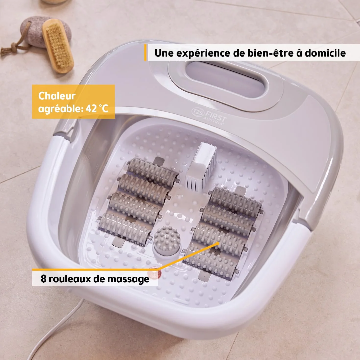 TZS First Austria Bain de Pieds 500W - Appareil de Massage des Pieds avec 3 Accessoires & 8 Rouleaux - Massage par Vibrations & Bulles, Infrarouge & Chauffante - Pliable jusqu'au 47 - Gris