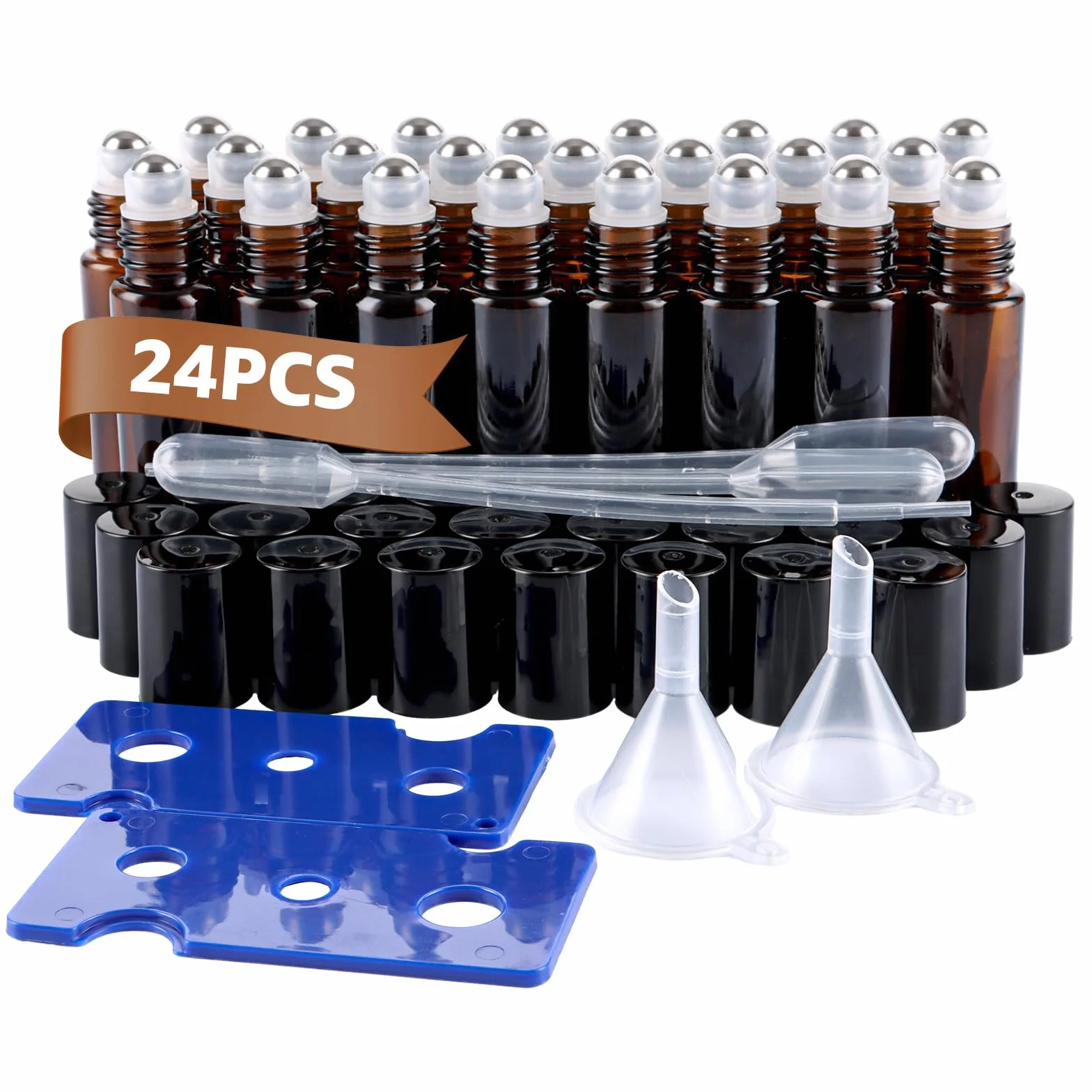 Huiles essentielles Roller bouteilles en verre 10ml vide brun Roll-on avec entonnoir pipettes