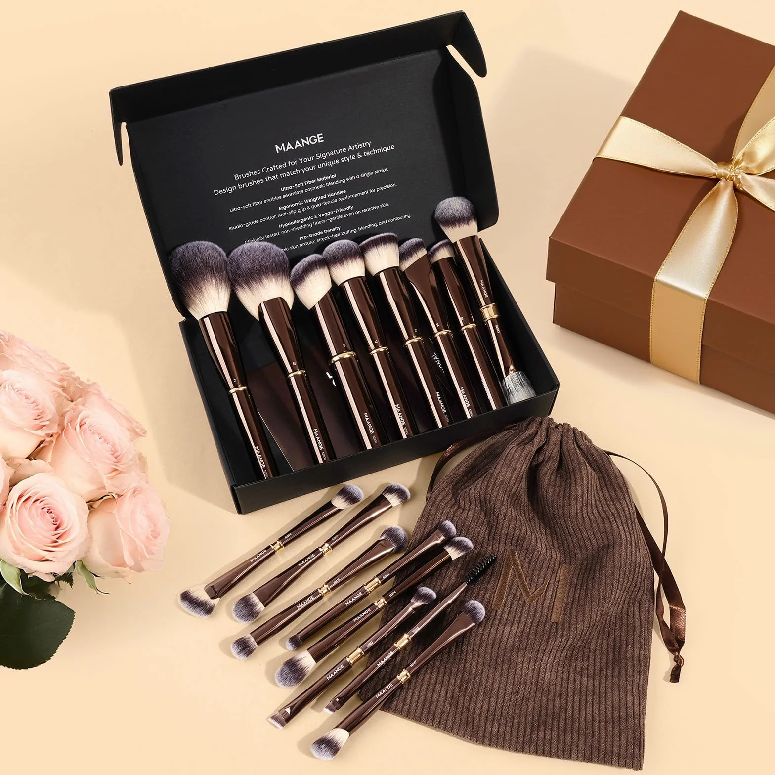 MAANGE Pinceaux Maquillages 16 Pièces Coffret Double Face Fond de Teint Poudre Contour Fard à Joues Set Complet