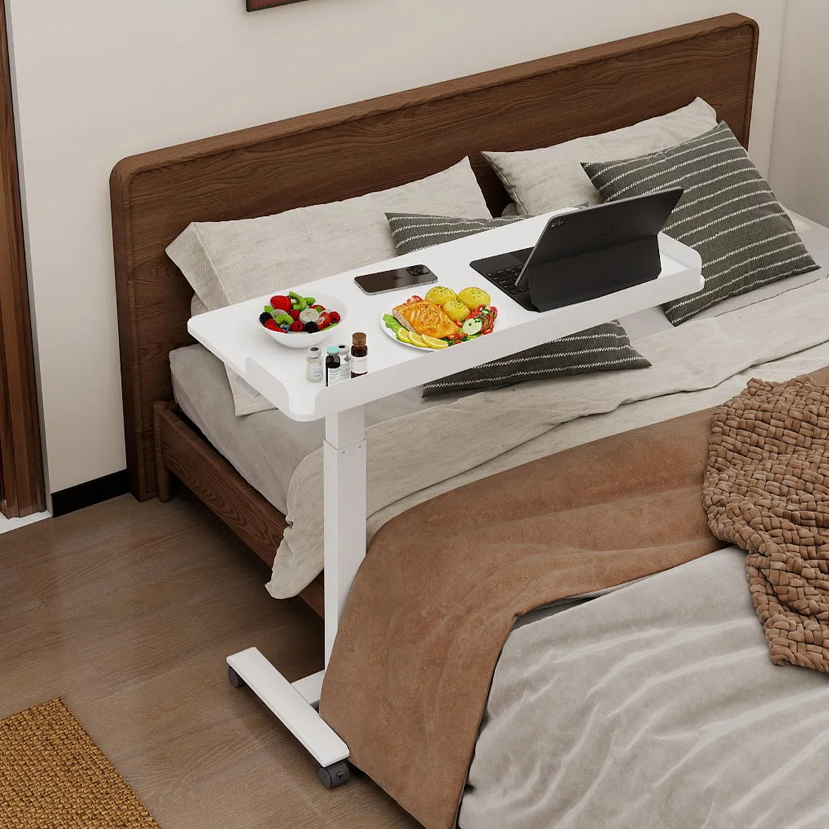 PUNCIA Table de Lit allongée de 90cm avec 4 Roues Bureau Debout (Blanc)