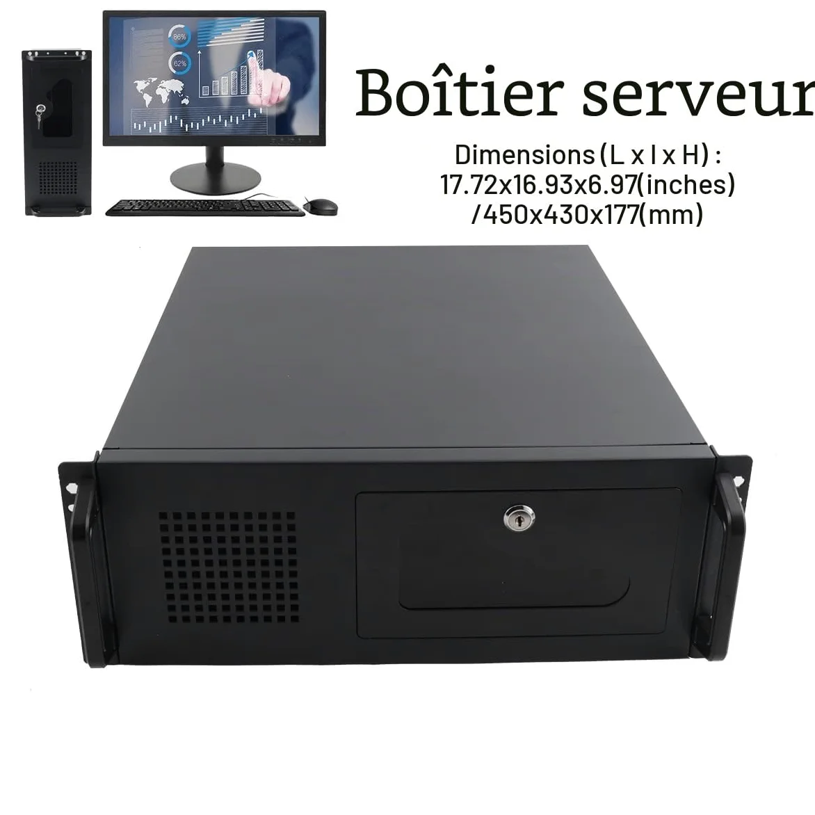 Boitier Serveur Armoire Réseau 4U pour Serveur, avec 7 Emplacements PCI, Montage en Rack, Boîtier 4U Boitier Rackable, 7 Baies de Disque Dur 3,5", 450 x 430 x 177 mm
