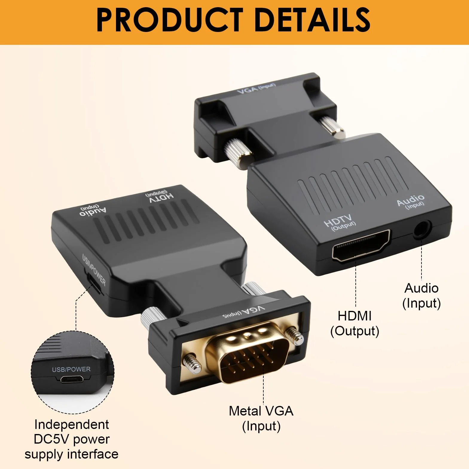 Adaptateur VGA vers HDMI Mâle Femelle Convertisseur 1080p Audio pour PC TV HDTV