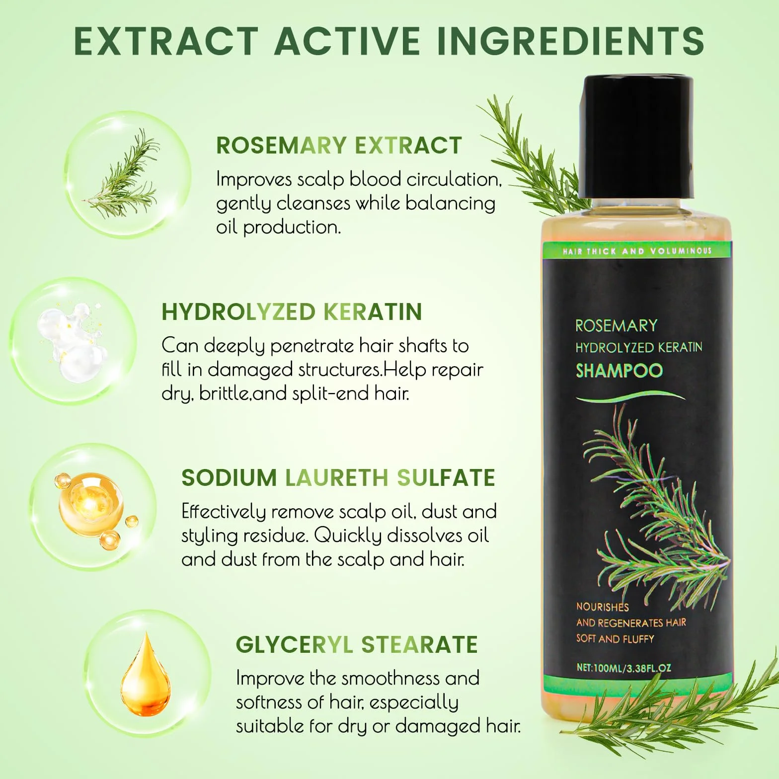 Shampooing au romarin pour la croissance des cheveux, épaississant naturel à la kératine hydrolysée