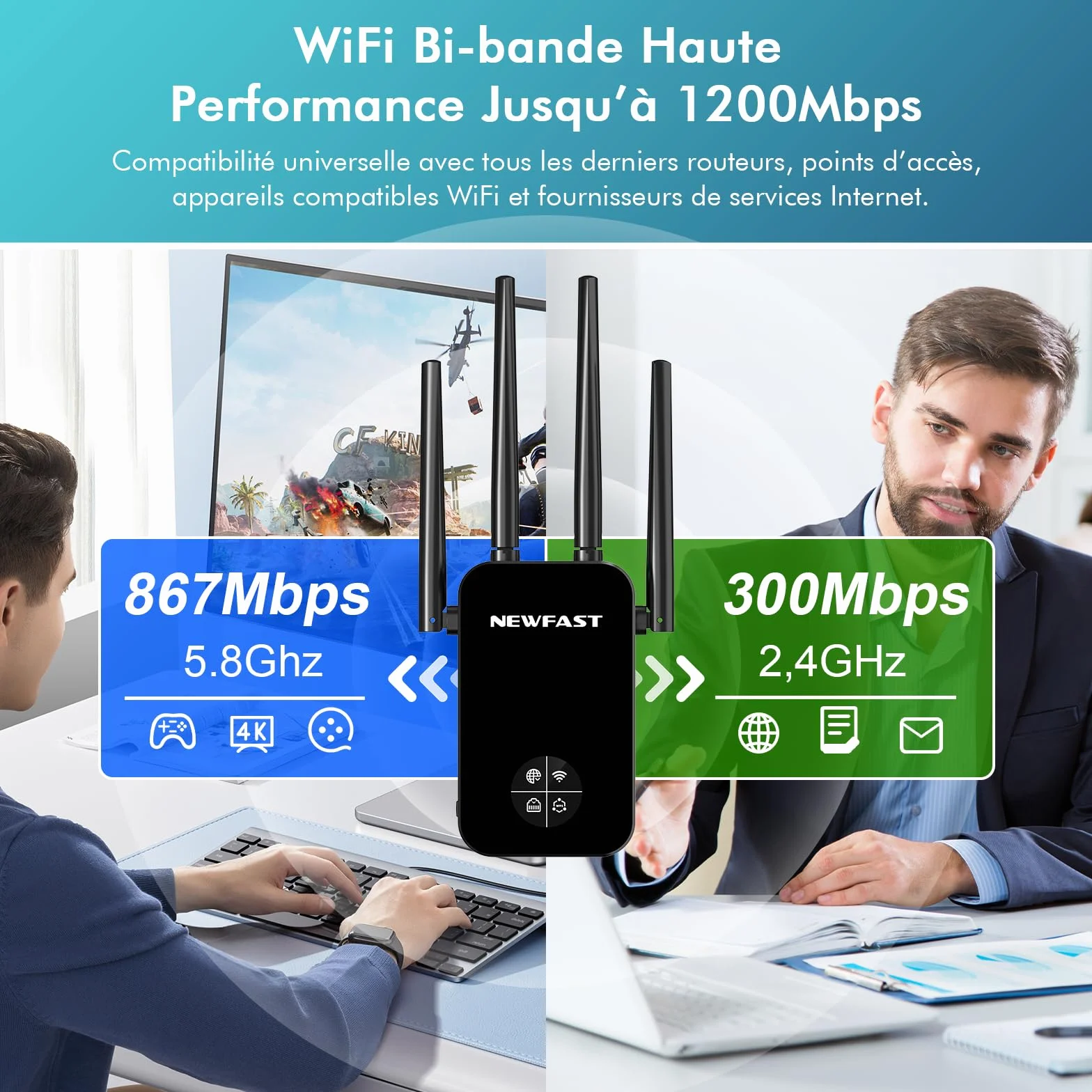 NEWFAST NF-RE523 Répéteur WiFi AC1200 Double Bande Amplificateur WiFi 100 m² Prise UE