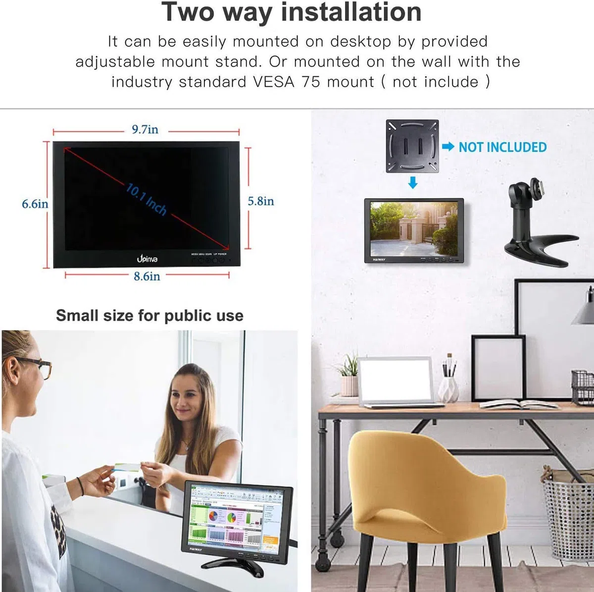 Moniteur CCTV pour petits moniteurs HDMI de 10,1 pouces avec couvercle en métal avec port USB AV VGA BNC de surveillance sûr pour les bureaux à domicile Écran HD 1280 x 800 avec haut-parleur