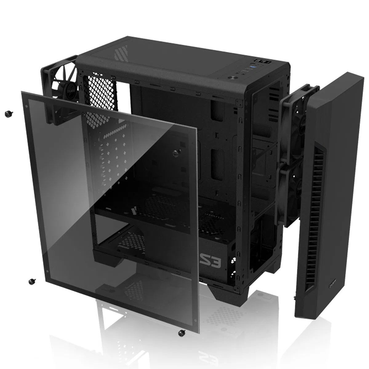 Zalman - S3 - Boîtier PC ATX Mid-Tower - Panneau latéral en Verre trempé - 3 Ventilateurs de boîtier 120 mm pré-installés, Noir