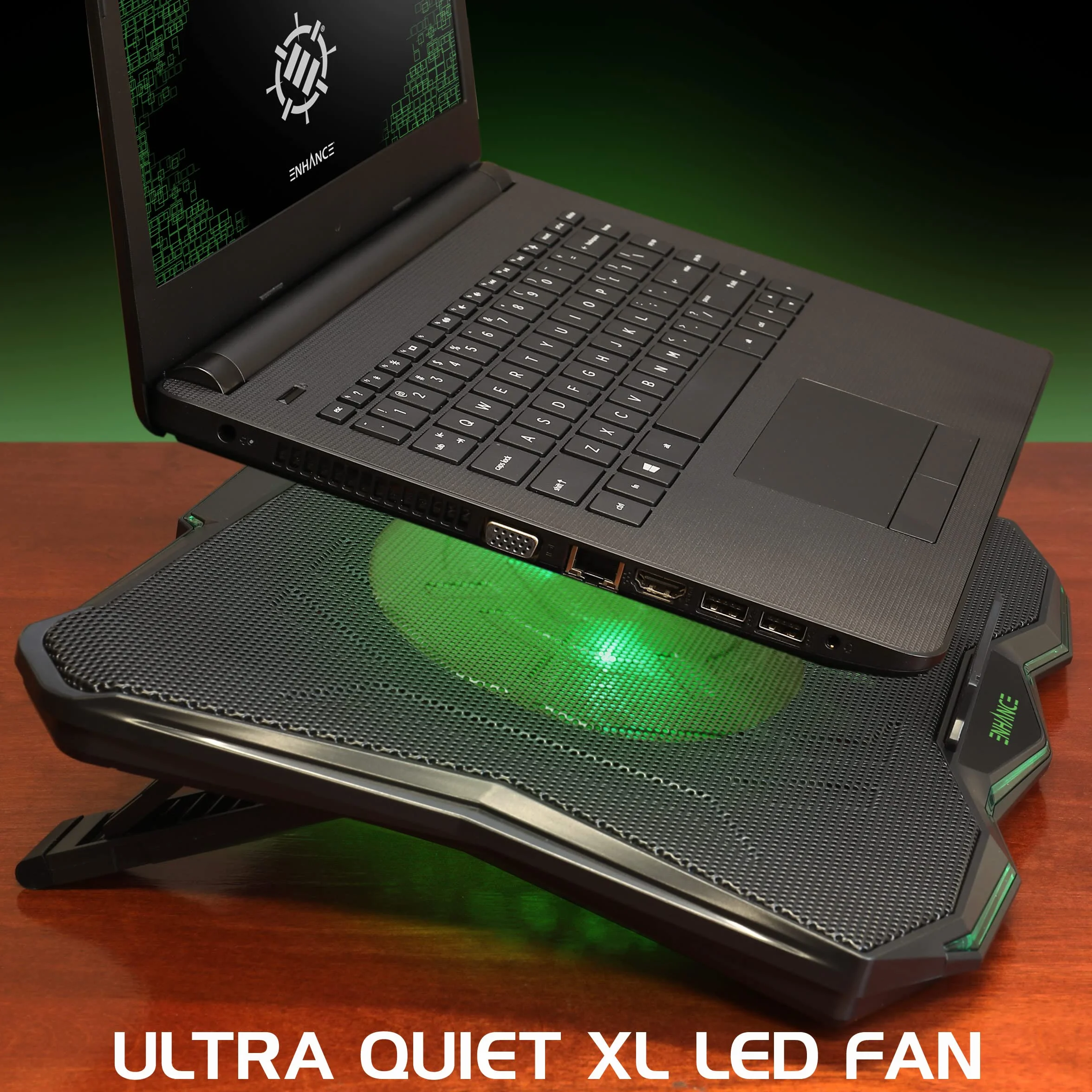ENHANCE Support Refroidisseur PC Portable Plaque de Refroidissement 1 Ventilateur LED Vert 2 Ports USB Compatible Ordinateur Portable Notebook 17 Pouces 40 x 30.4 cm