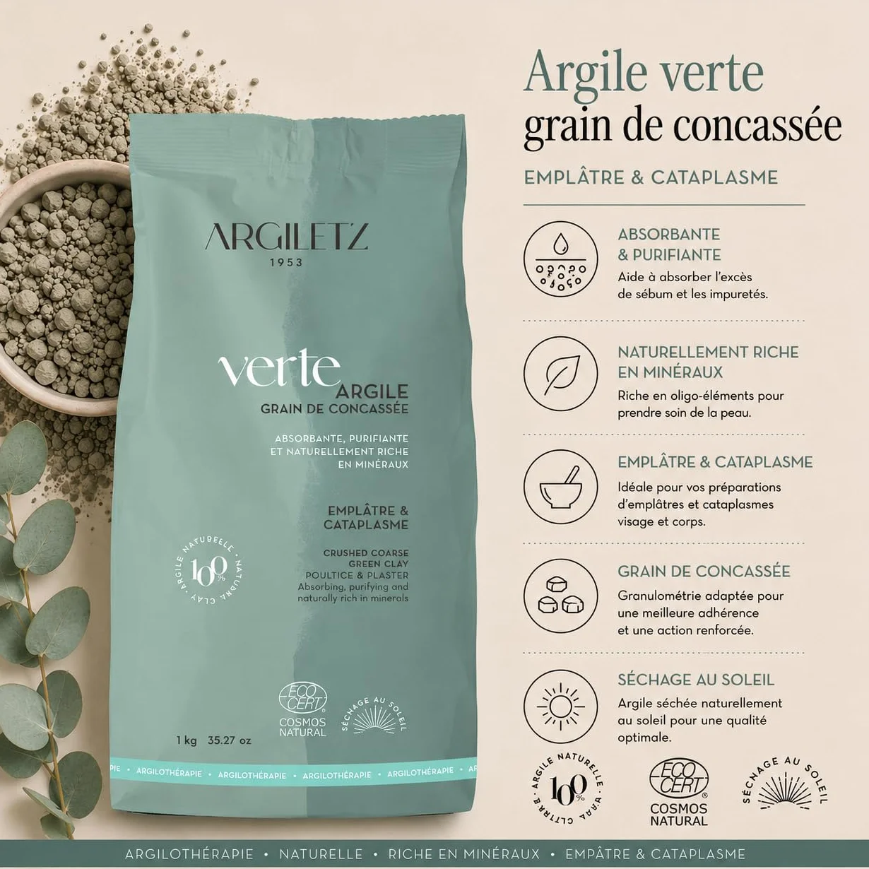Argiletz Argile Verte Concassée Brute 0,5 cm Certifiée COSMOS NATURAL Cataplasme Emplâtre Argile Naturelle Soin Peau