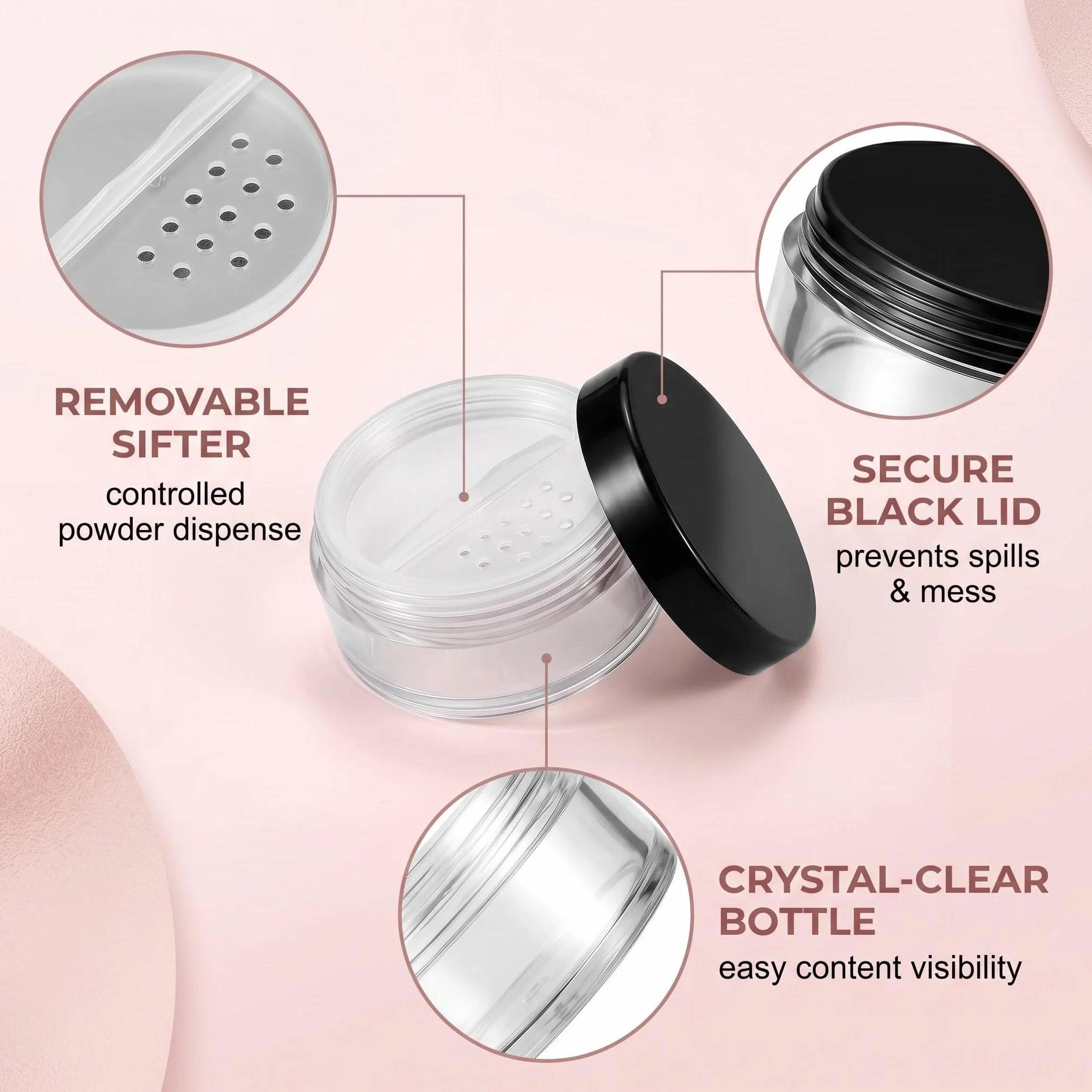 Lot de 4 Boîtes à Poudre Portables Vides Réutilisables 10g*2+20g*2 Transparentes Couvercle Noir Tamis Amovible Intégré Cosmétiques Voyage