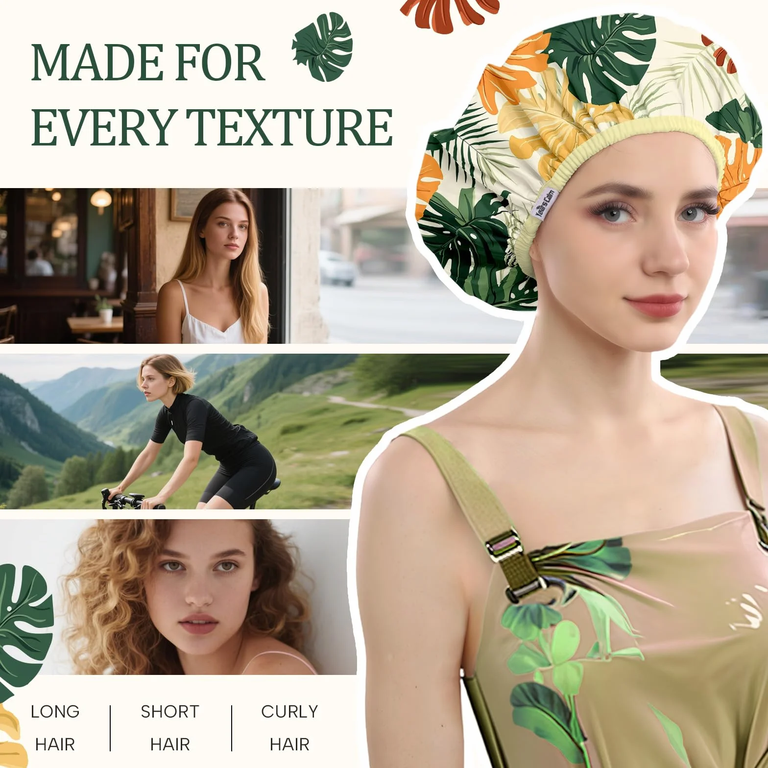 Lot de bonnets de douche réutilisables et imperméables pour femmes – Bonnet élastique à double couche avec impression botanique tropicale