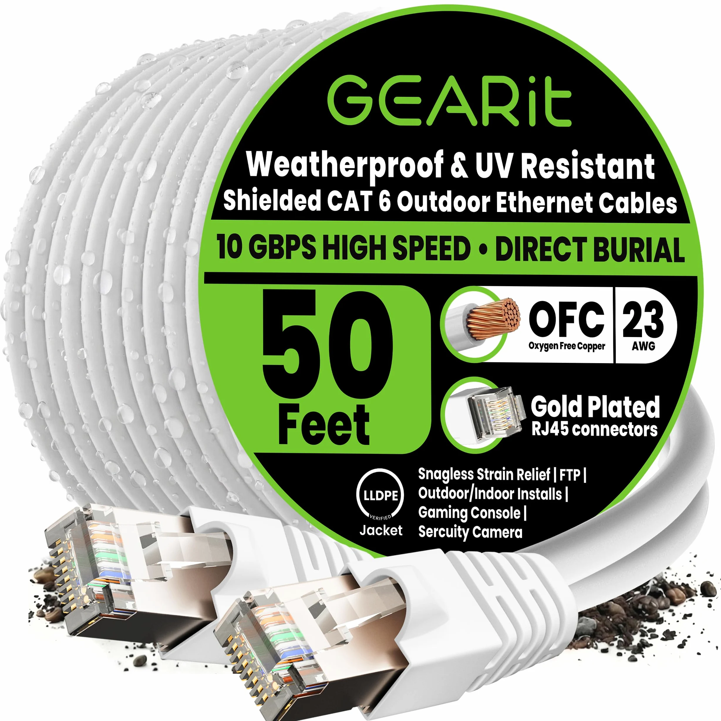 GEARit Câble Ethernet extérieur Cat6 (15,2 m) 23 AWG en cuivre pur, FTP, LLDPE, imperméable, enfouissement direct, dans la terre, résistant aux UV, PoE, réseau, LAN, Internet, câble Cat 6, Cat6 – 15,2