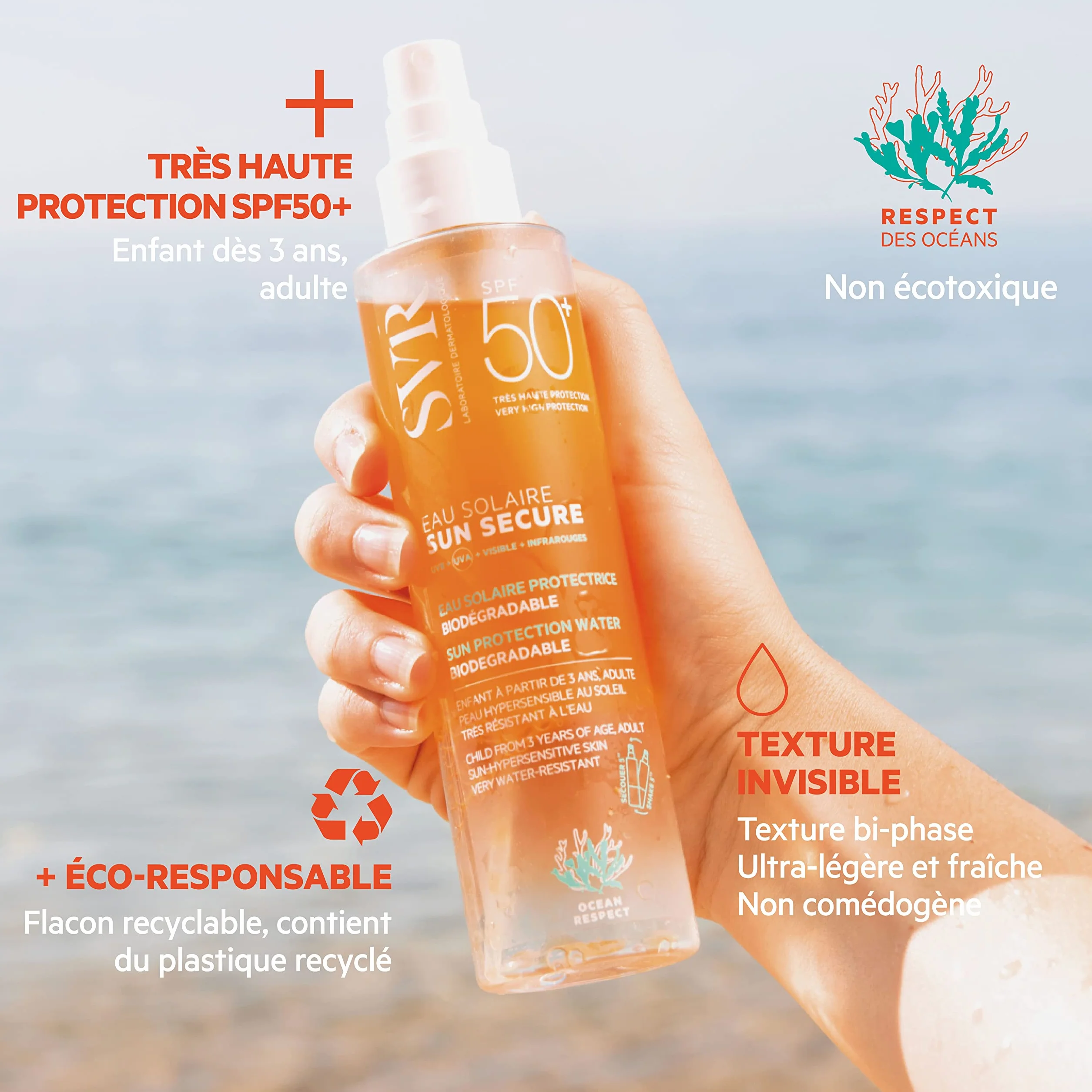 SVR Sun Secure Eau Solaire SPF50+ 200 ml Très haute protection UVA UVB Niacinamide Vitamine E