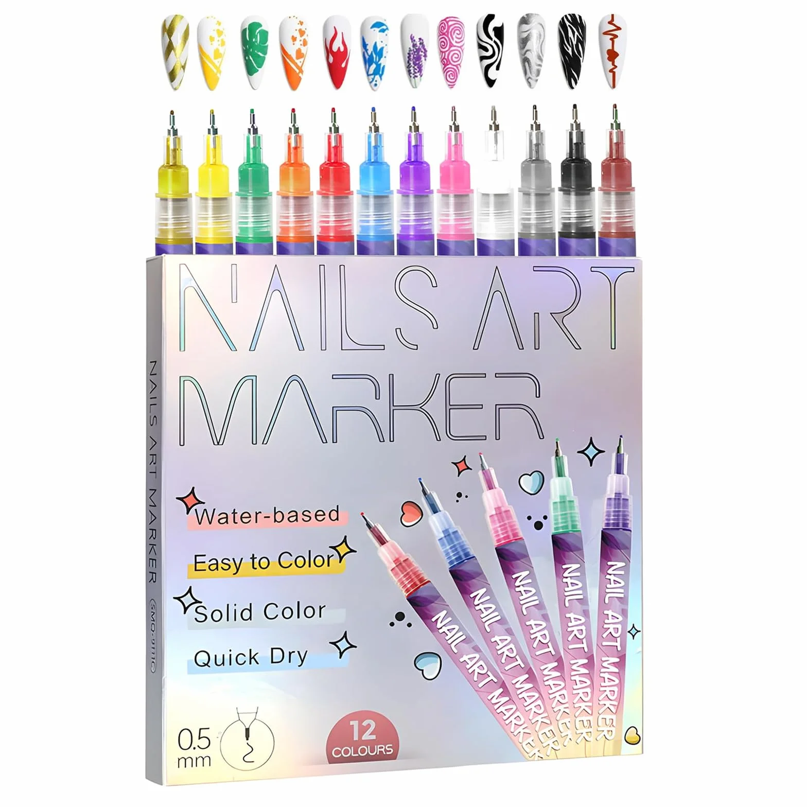 Stylo Dessin Ongles Set 12 Couleurs Marqueur Nail Art à Base d'Eau Pointe Fine DIY