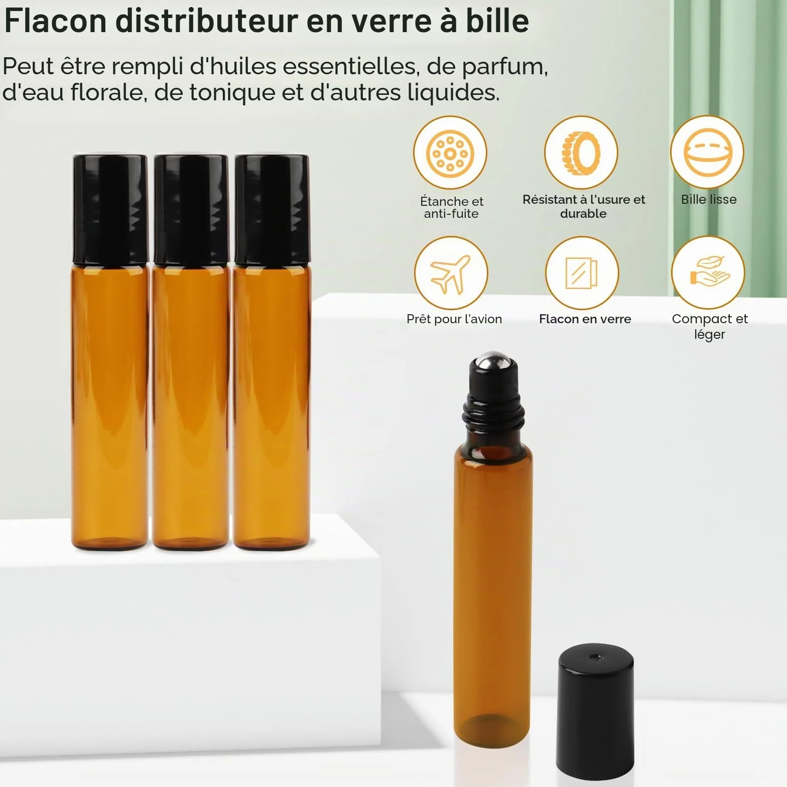 Lot de 10 bouteilles en verre roll-on vides 10 ml pour huile essentielle avec rouleau inoxydable