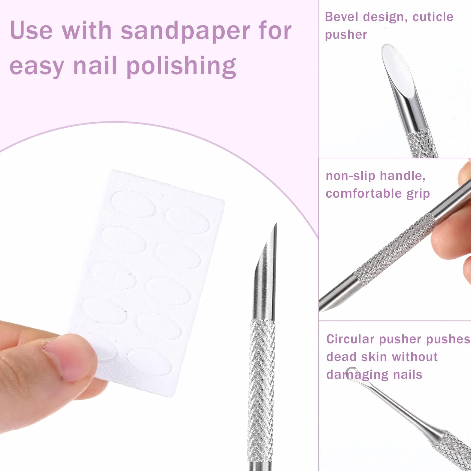 TIESOME Repousse-cuticules double tête acier inoxydable 100 papiers abrasifs Kit manucure