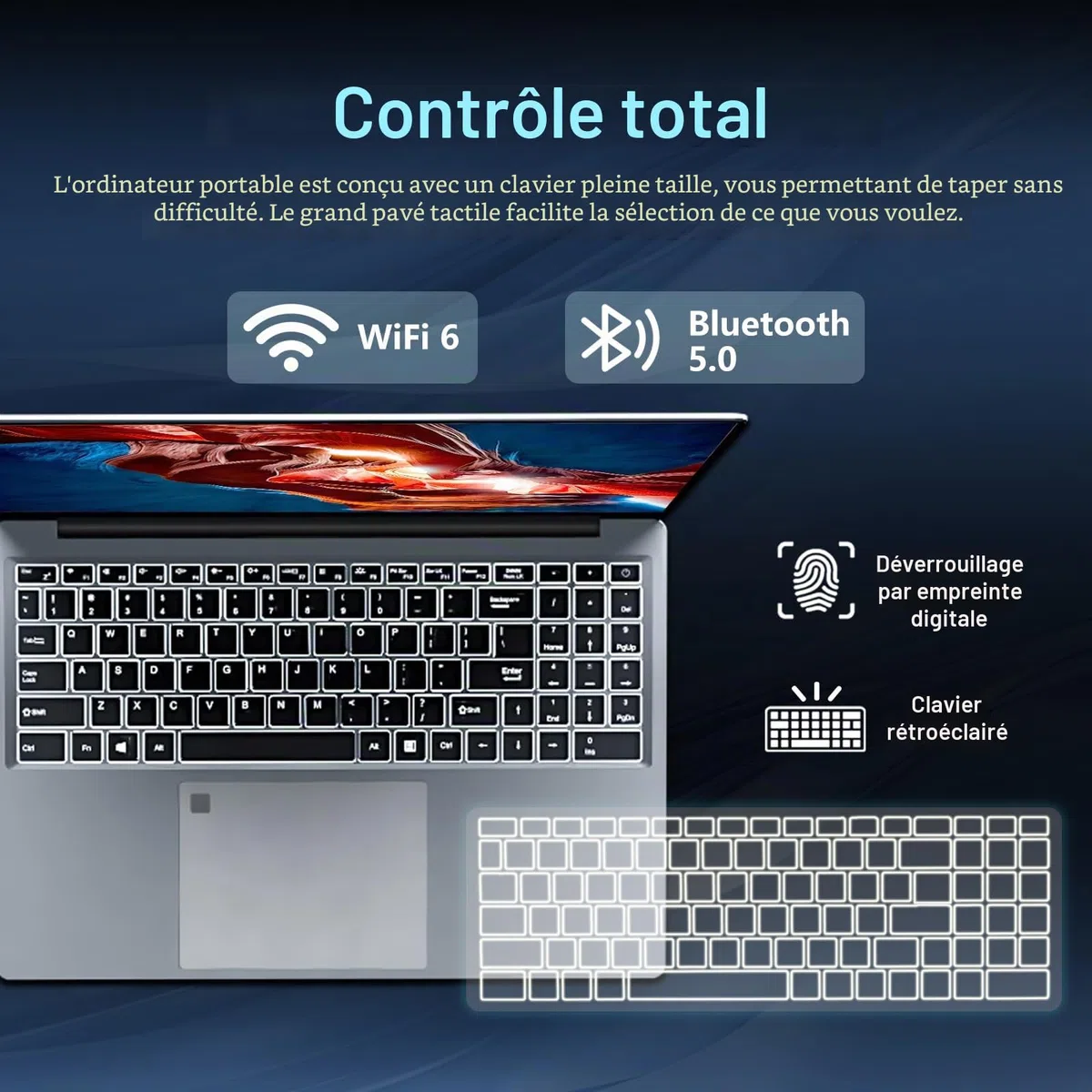 Ordinateur Portable 16 Pouces, Win 11 PC Portable 16 Go RAM 512 Go SSD, Celeron N100 CPU, Laptop Clavier Rétroéclairé/Déverrouillage Empreinte Digitale, BT5.0/USB3.0/6000mAh Battery/Webcam/Mini-HDMI