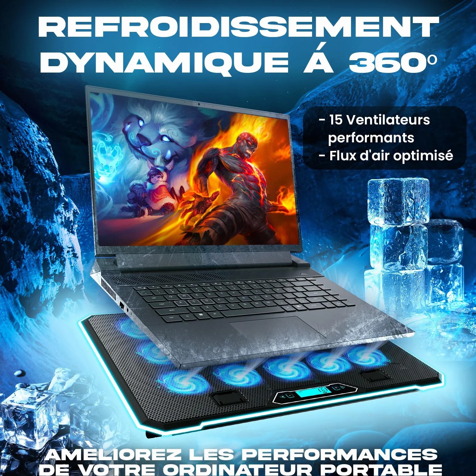 KLIM V15 Refroidisseur PC Portable 15 Ventilateurs RGB Support Gaming 10-17 Pouces 2 Ports USB