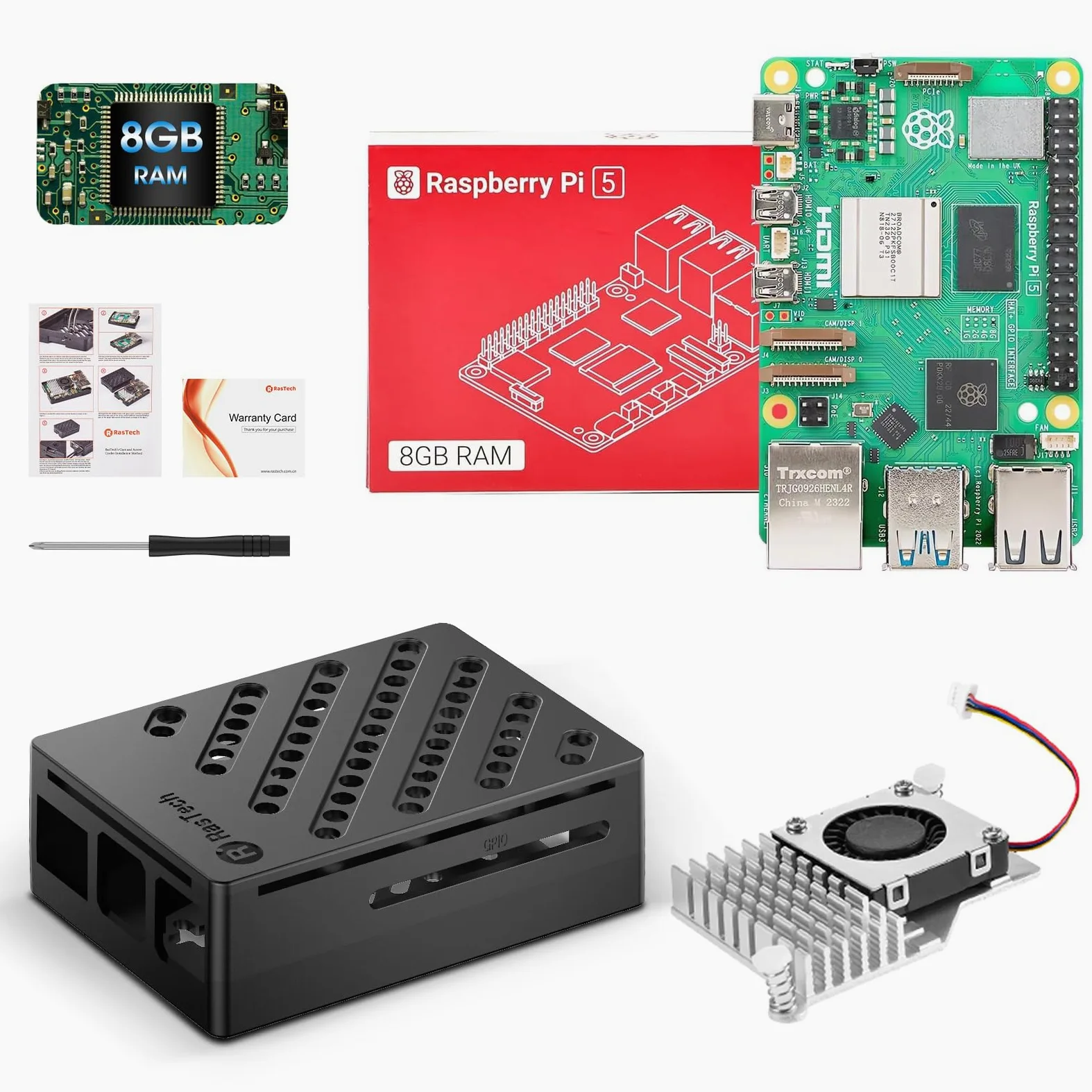 RasTech Raspberry Pi 5 Kit de 8 Go de RAM avec boîtier Pi 5, refroidisseur actif, tournevis et Raspberry Pi 5 carte de 8 Go incluse