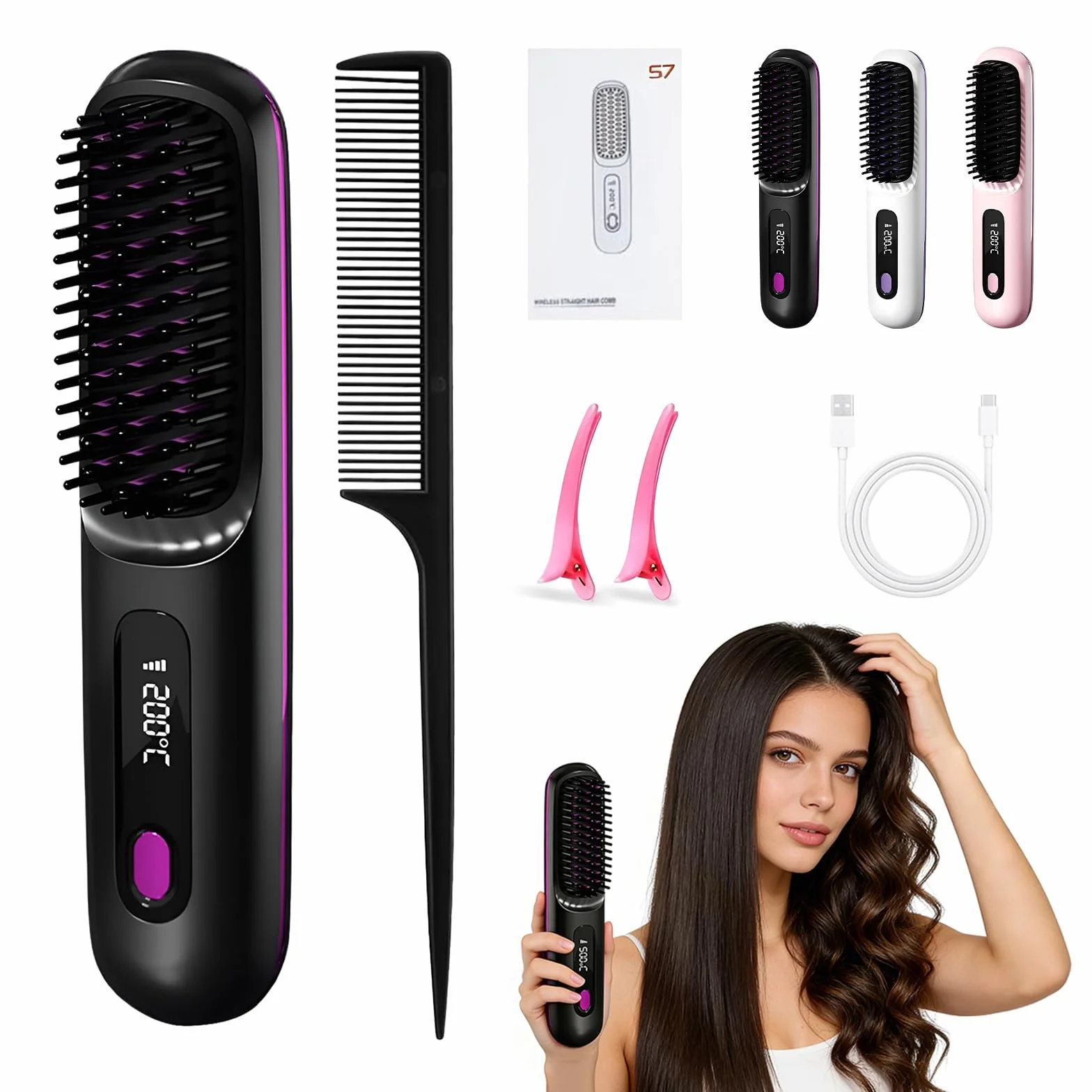 Brosse coiffante électrique sans fil pour cheveux courts, lissante avec affichage LED, 3 niveaux de température