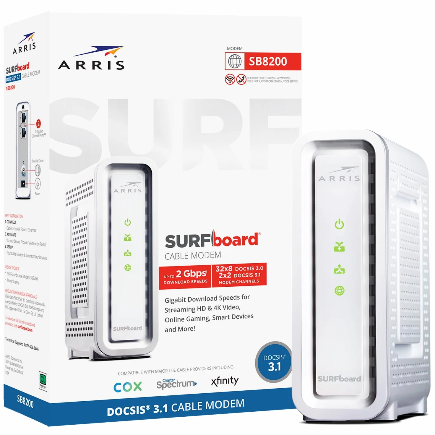 ARRIS (SB8200) - Modem câble - DOCSIS 3.1 rapide, approuvé pour Comcast Xfinity, Cox, Charter Spectrum et plus | Vitesse Internet maximale de 1 Gbit/s, 4 canaux OFDM