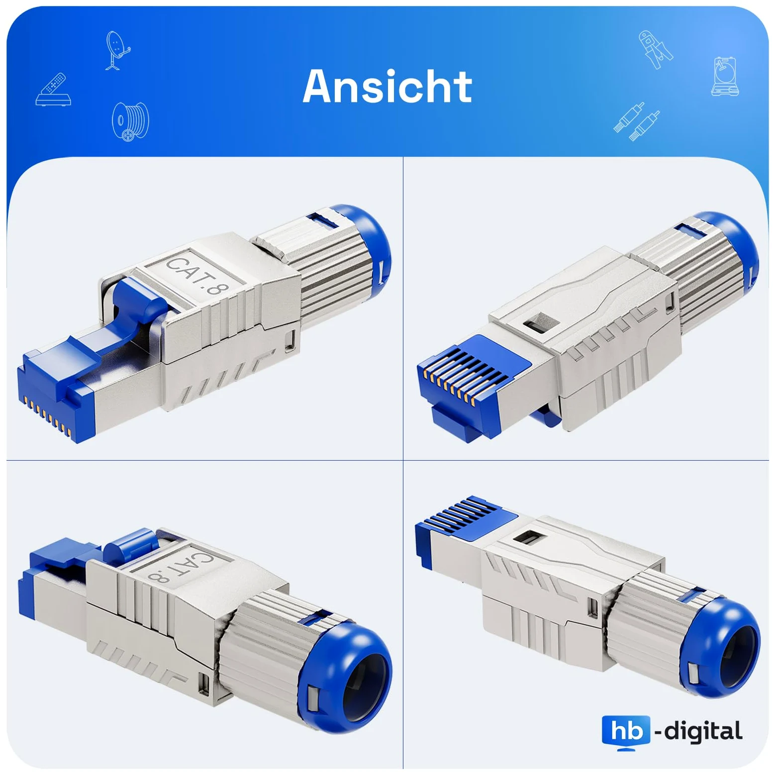 HB-DIGITAL Lot de 8 connecteurs CAT 8 RJ45 pour câble de pose Ethernet LAN rigide – Montage sans outil STP entièrement blindé avec contacts plaqués or 50 µ Connecteur haute vitesse 40 Gbit/s