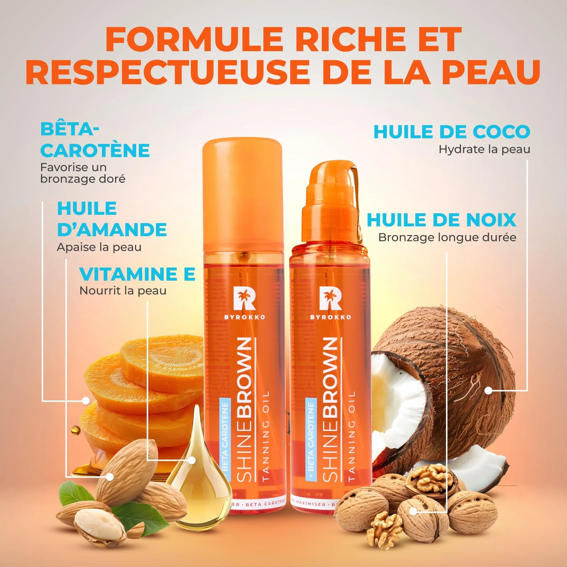 BYROKKO Huile de bronzage bêta-carotène 150 ml accélérateur de bronzage pour banc de soleil et soleil d'extérieur