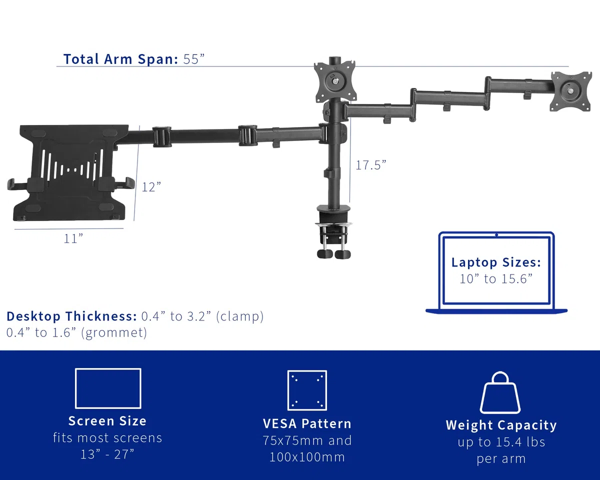 Vivo Support Double écran + Support pour Ordinateur Portable de 13 à 27" et Ordinateurs Portables de 10 à 15,6", Triple écran, Bras articulés, Noir, STAND-V013L