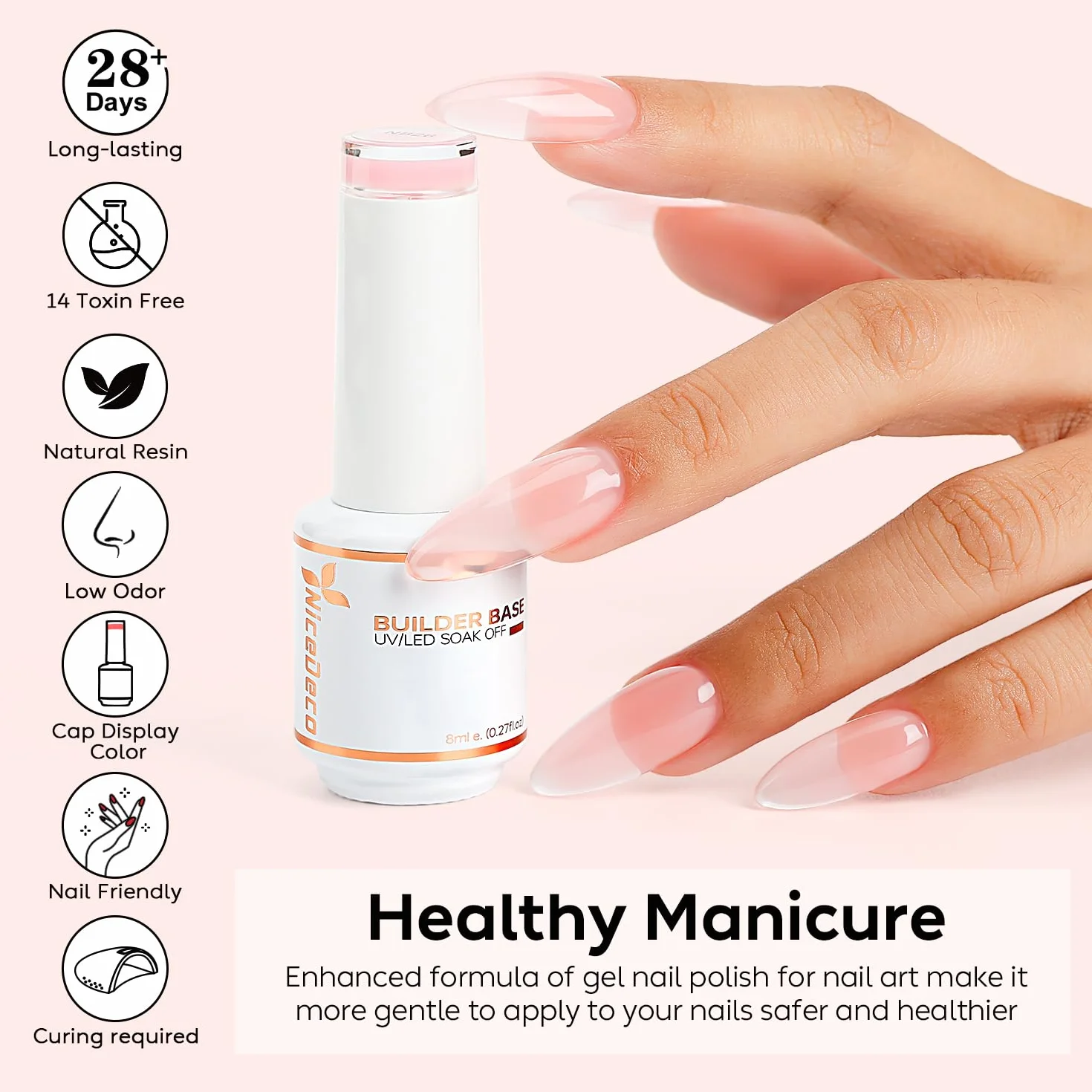 Nicedeco 15ml Gel Construction Ongle UV 8 en 1, Gel Builder Base de Renforcement, Rose Nu