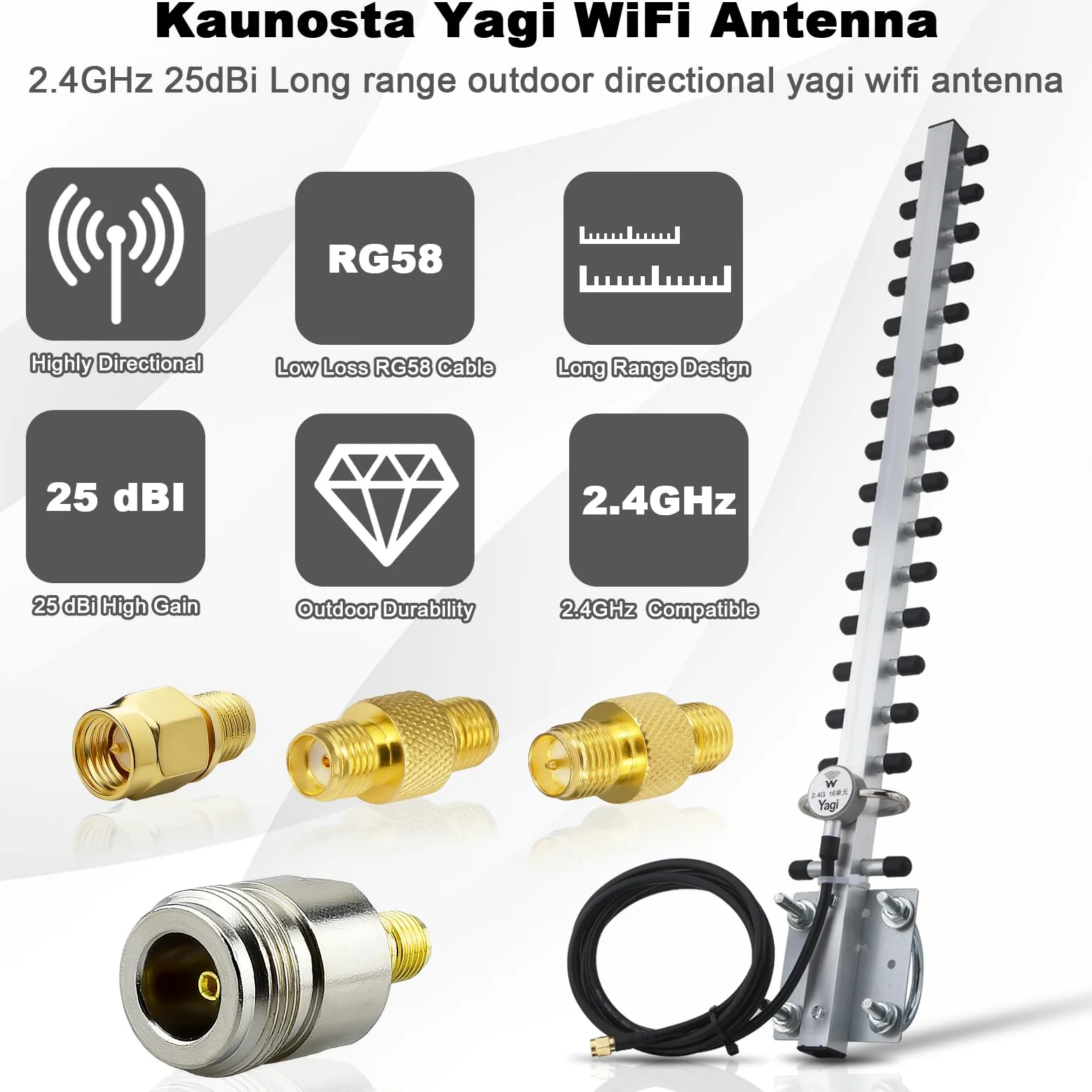 Yagi Antenne WiFi 2,4 GHz 25 dBi à gain élevé directionnelle avec connecteur RP-SMA et câble de 1,5 m, kit d'adaptateur de type RPSMA/SMA/N pour routeur, adaptateur USB, caméra de sécurité
