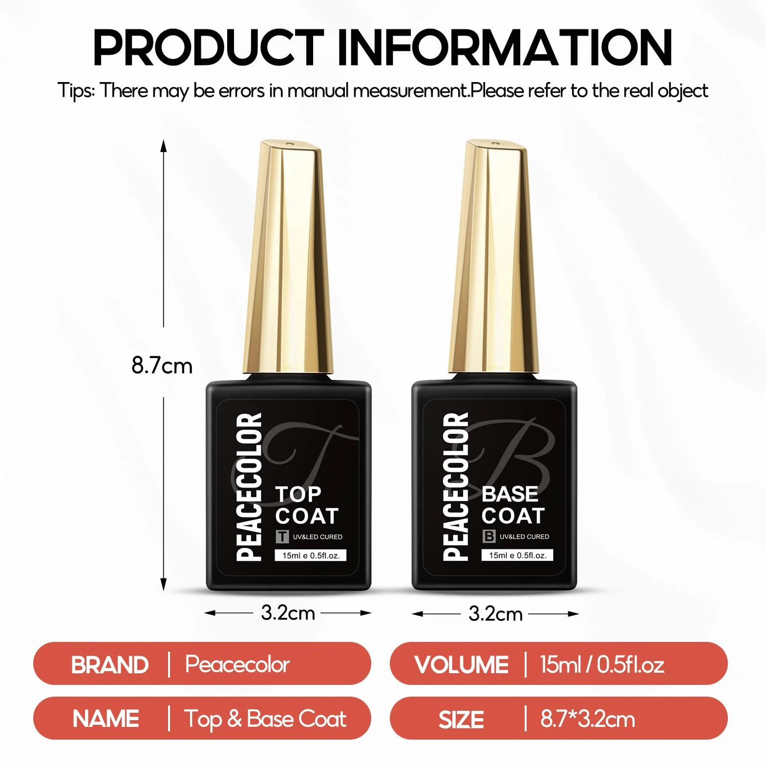PEACECOLOR 15ML Base et Top Coat Vernis Semi Permanent UV/LED Gel Soak-Off pour Manucure DIY