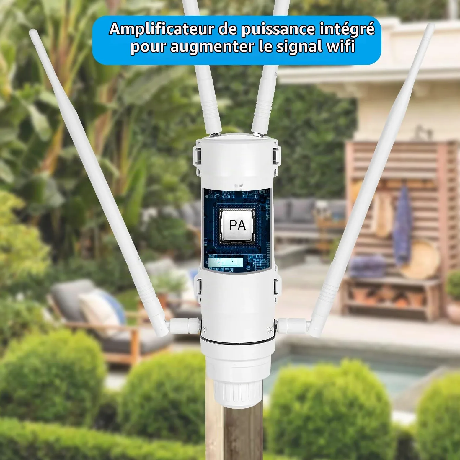 Répéteur WiFi Extérieur AC1200 Borne WiFi PoE IP65 Longue Portée | Amplificateur WiFi puissant Double bande 2.4GHz 5GHz 4 antennes Point d’accès pour caméra extérieure jardin garage