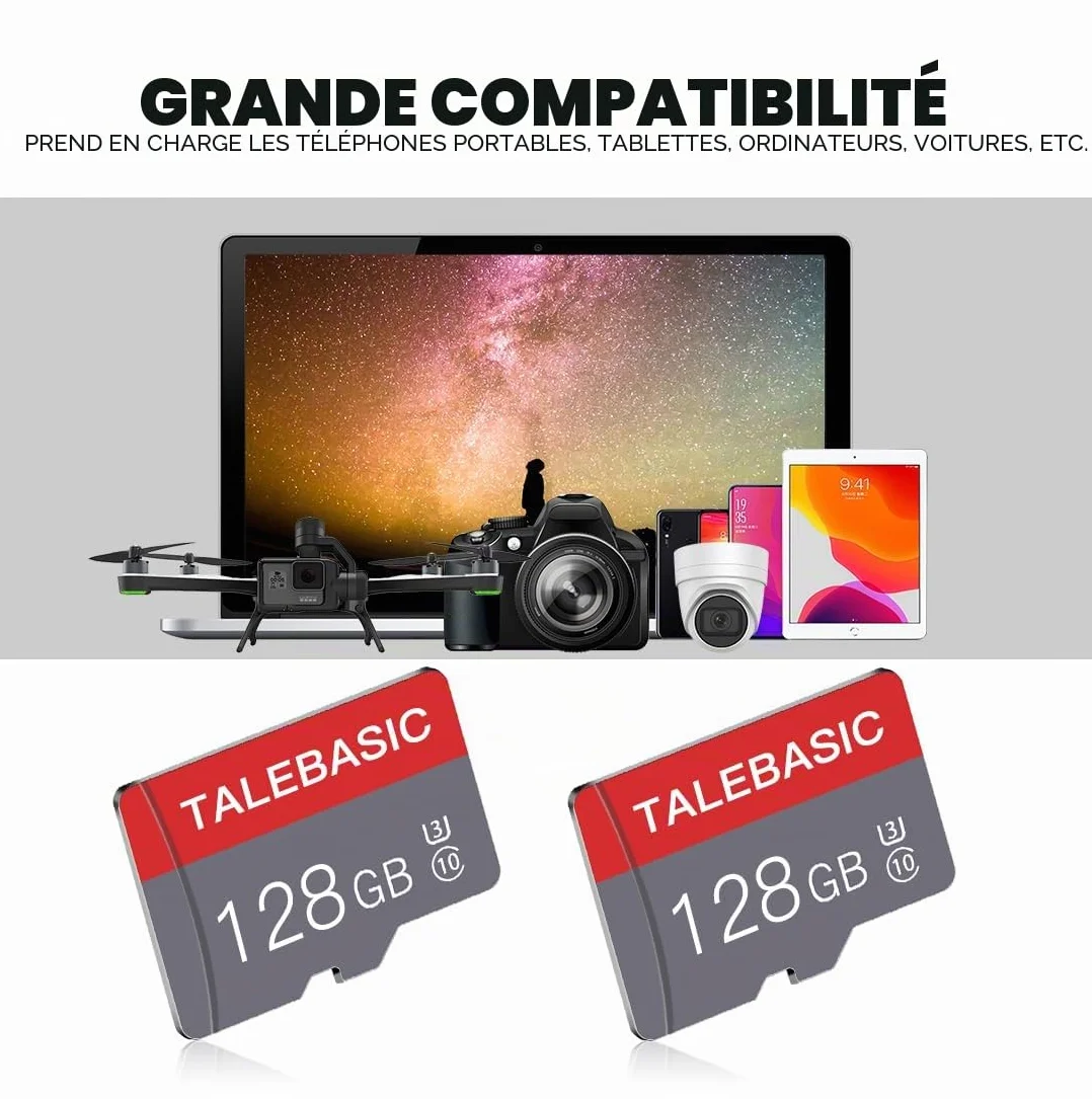 Cartes Micro SD 128 Go Classe 10 Haute Vitesse Lot de 2 avec Adaptateur SD