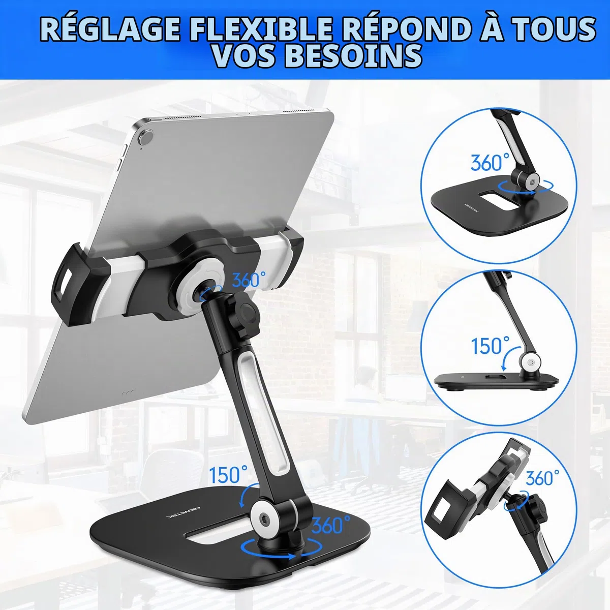 AboveTEK Support pour ipad Support Pliable pour Tablet 4-11 Support pour Tablette Noir Support pivotant à 360° pour Tablette iPad Pro Mini iPhone Kindle POS Bureau Cuisine