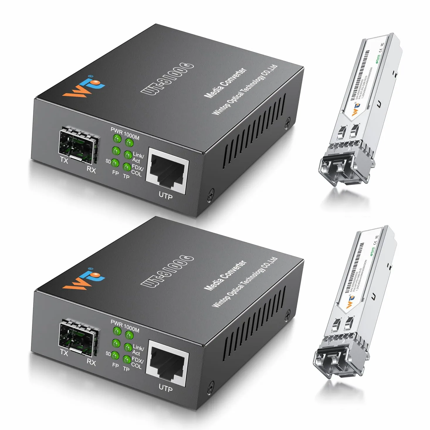 Lot de 2 convertisseurs de médias Ethernet en fibre avec 2 émetteurs-récepteurs optiques SFP 1,25 Gbit/s, convertisseur de média Gigabit SFP vers RJ45 avec émetteur-récepteur Gigabit fibre 1000Base-SX