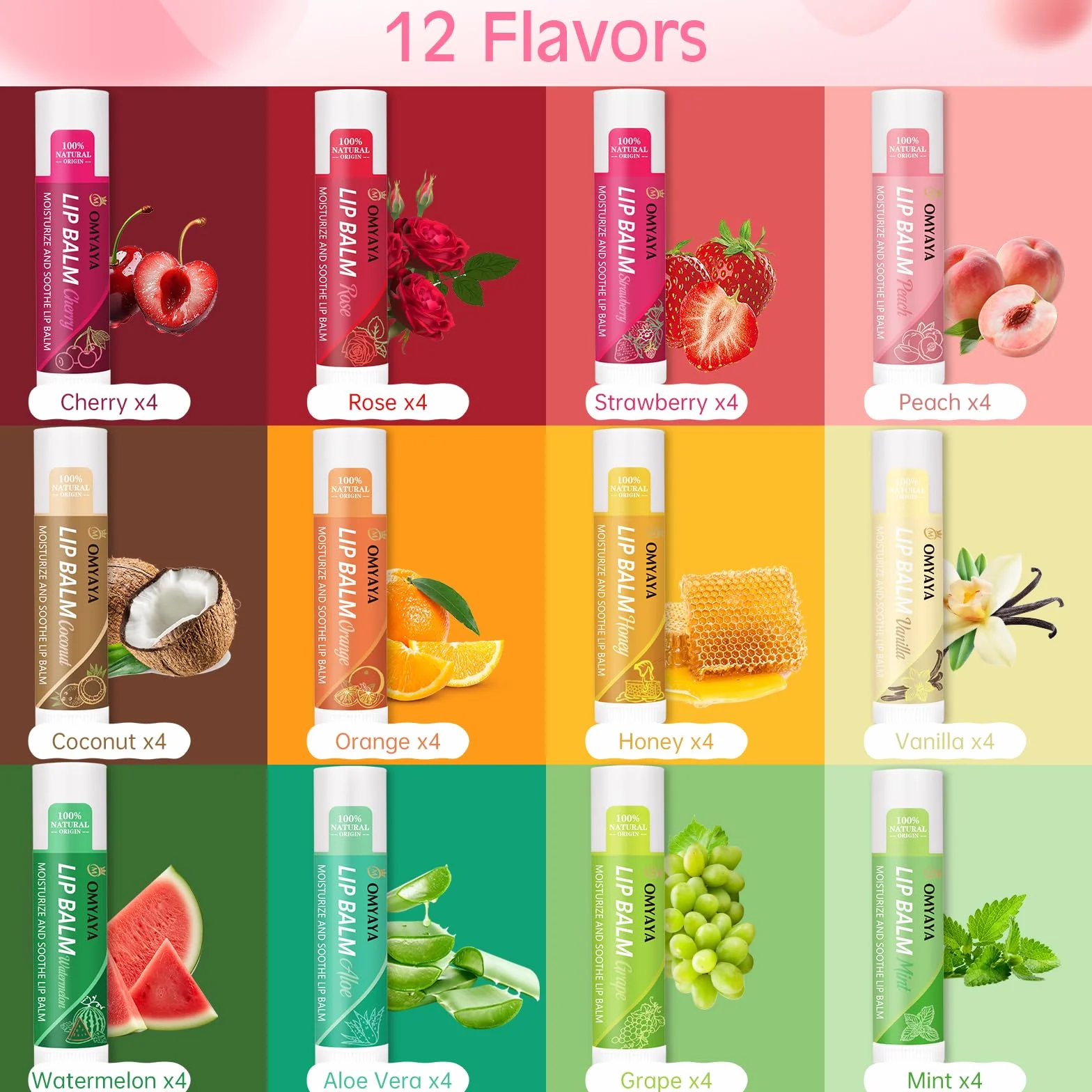 Lot de 48 baumes à lèvres hydratants 12 parfums pour lèvres sèches