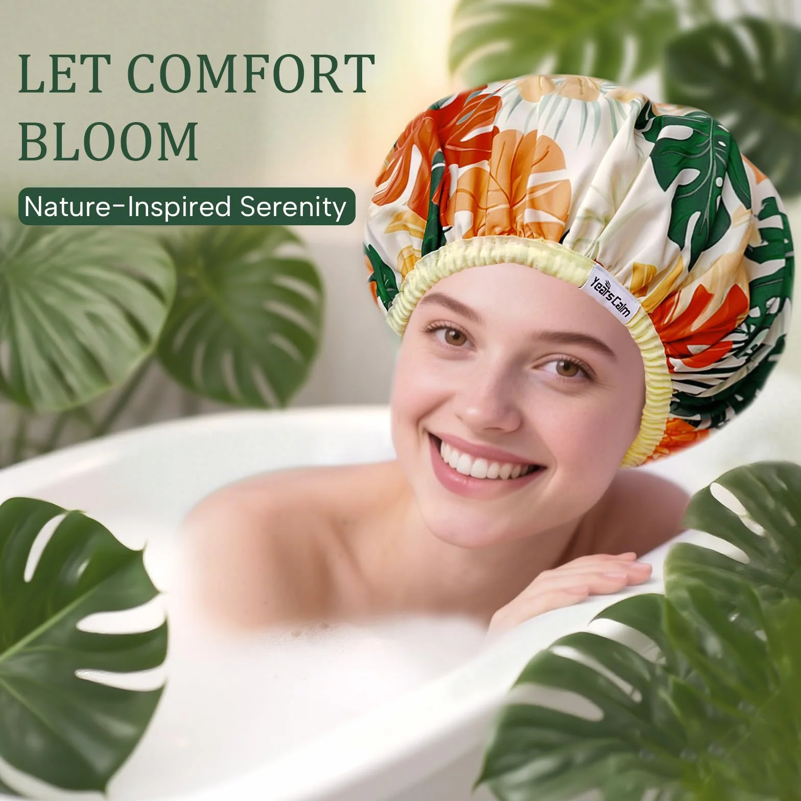 Lot de bonnets de douche réutilisables et imperméables pour femmes – Bonnet élastique à double couche avec impression botanique tropicale