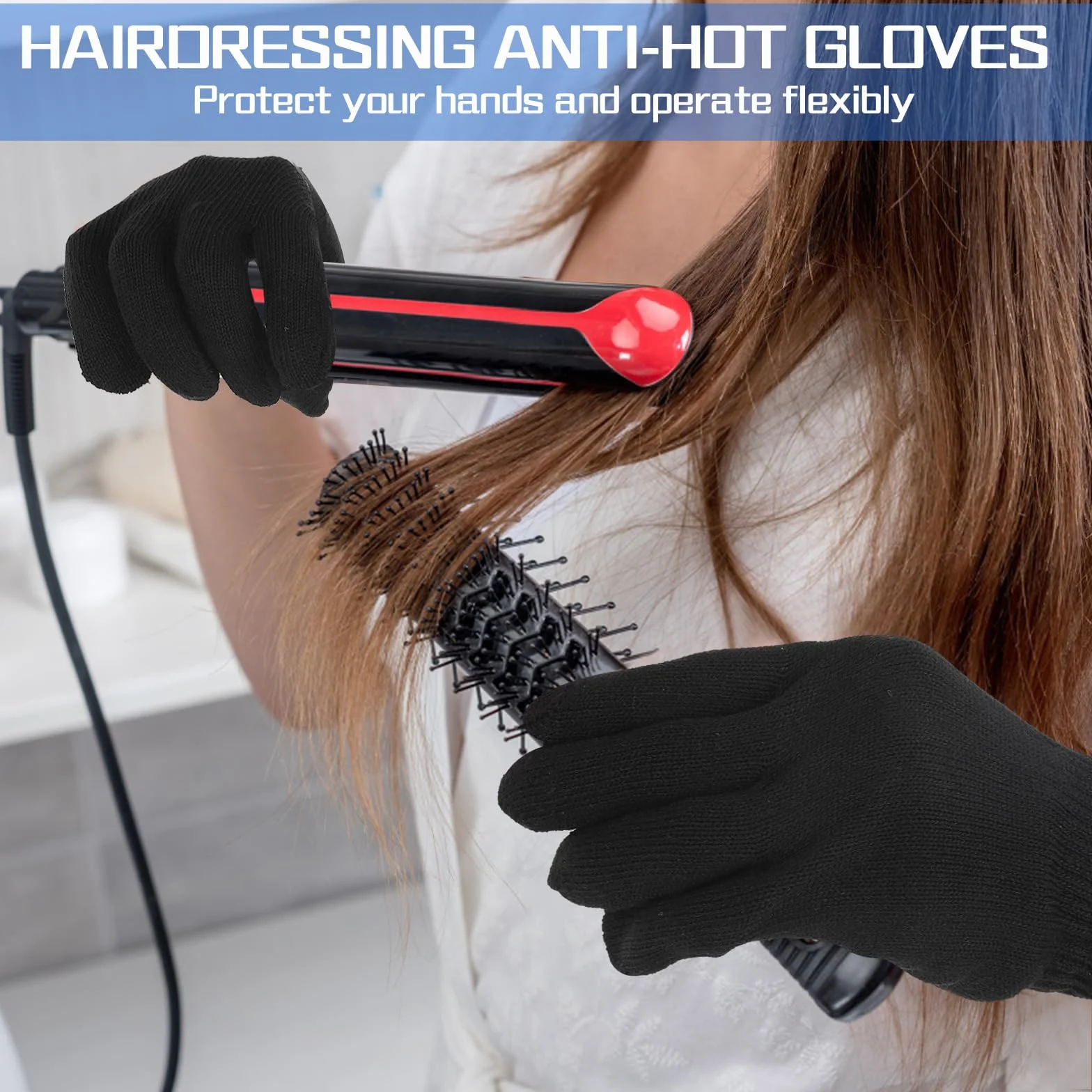 Gants résistant à la chaleur pour coiffure, fer à friser, lisser, bordure noire