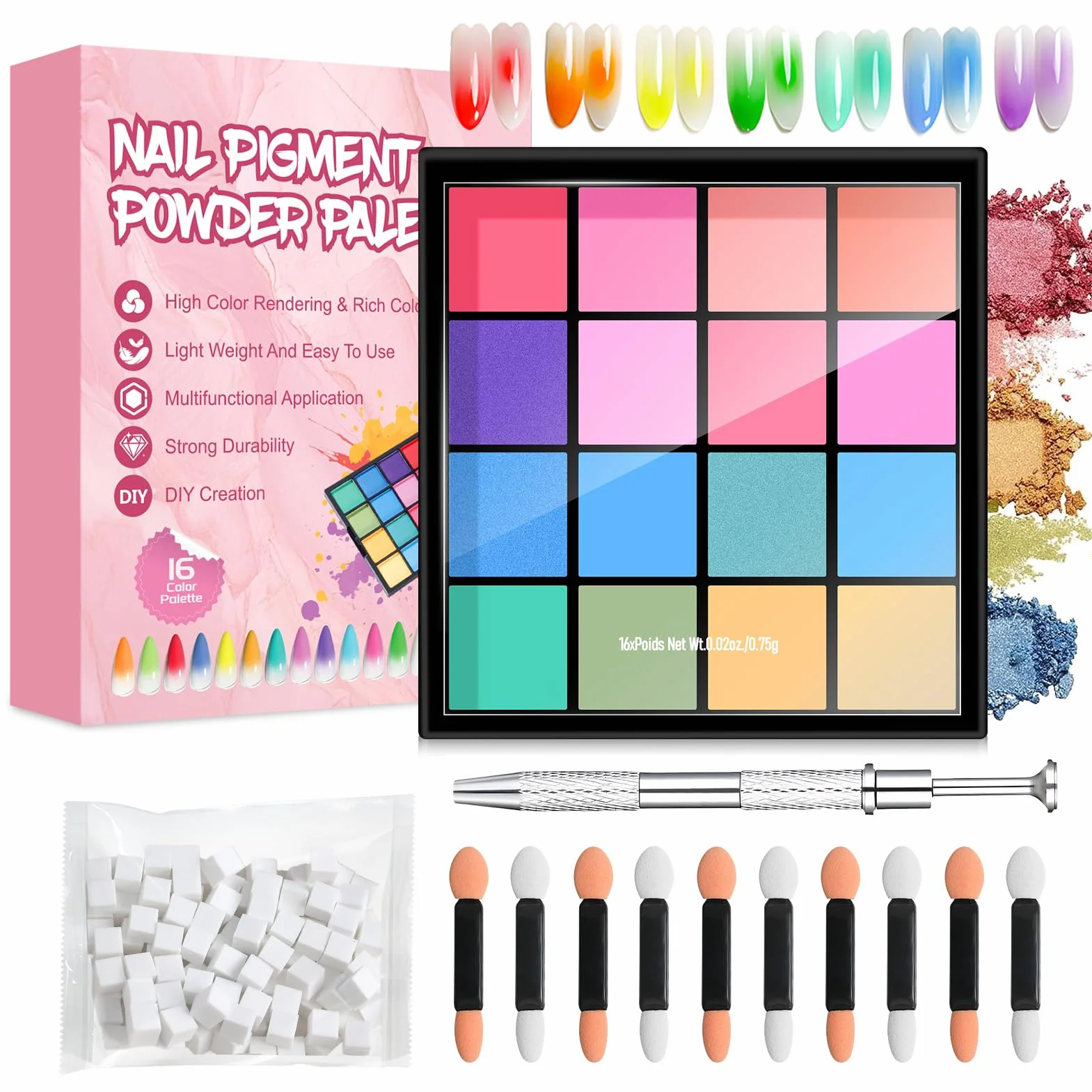 Poudre Chrome Ongle 16 Couleurs Kit Nail Art avec Pigment, Éponges et Pince à Épiler