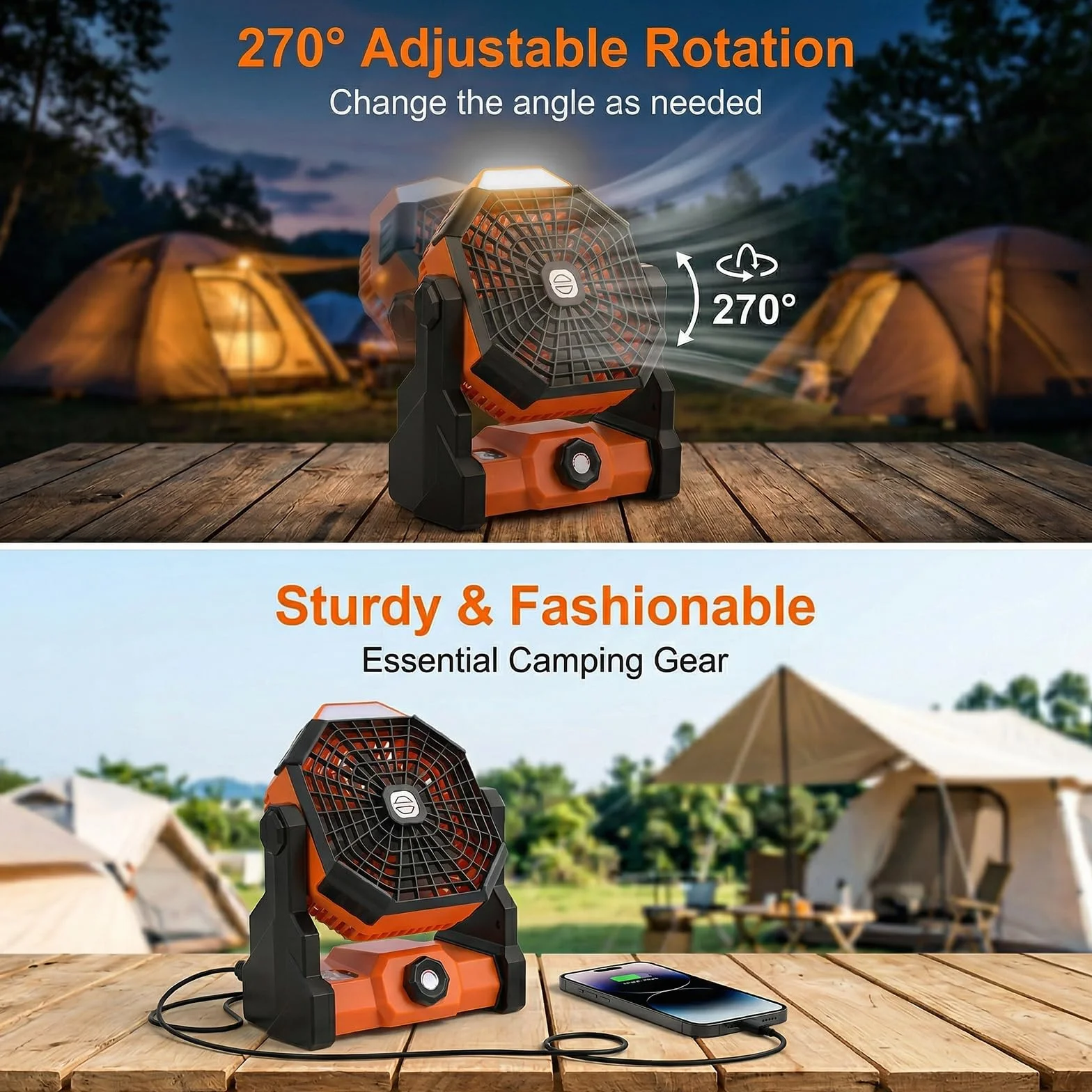 Qoosea Ventilateur de Camping Portable 24000mAh 3 en 1 avec Lumière LED 4 Vitesses pour Extérieur
