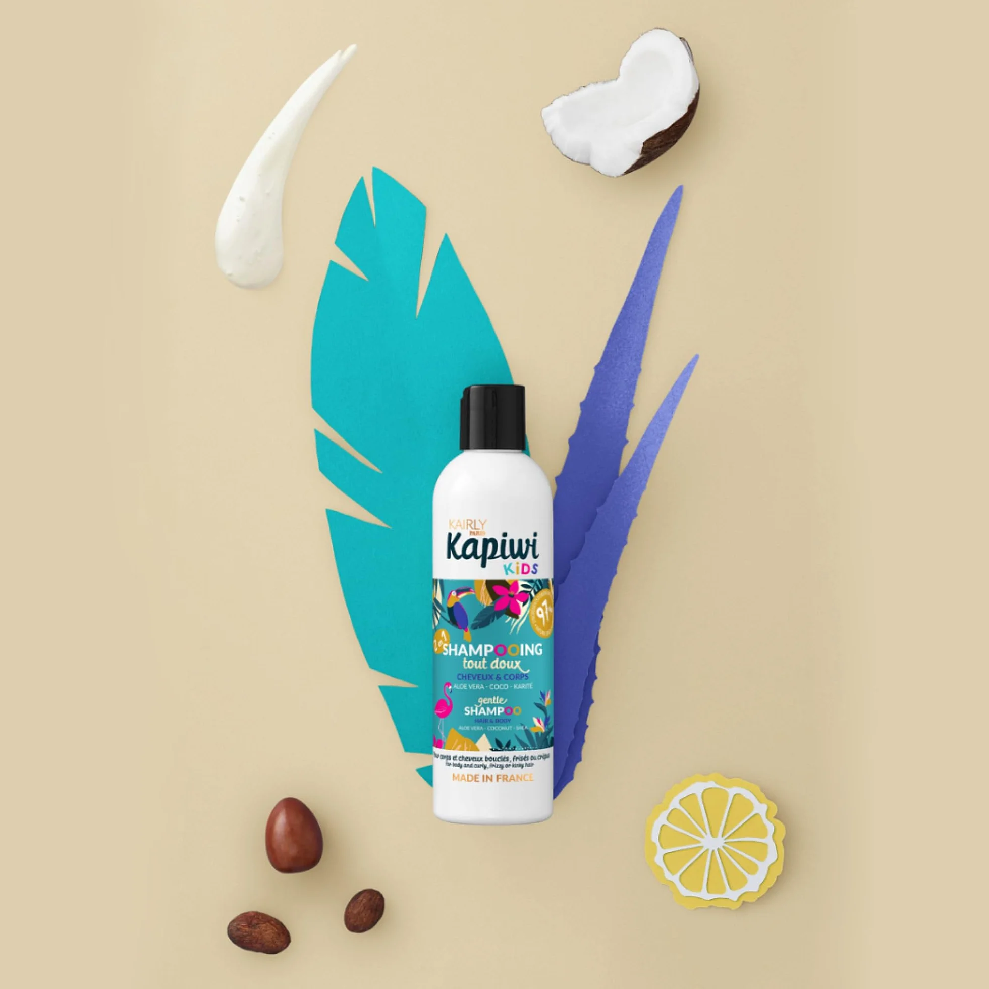 Shampooing Tout Doux 2-en-1 KAPIWI Kids - Cheveux Bouclés & Corps - 97% Naturel - Aloe Vera, Coco & Karité 240 ml