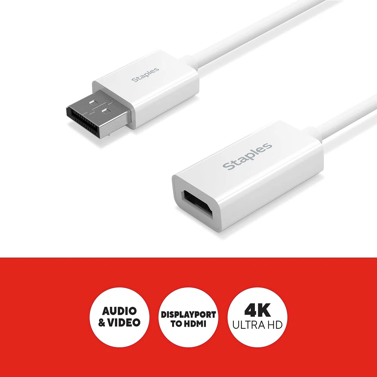Staples Tech Adaptateur Audio/vidéo DisplayPort vers HDMI, mâle vers Femelle, Blanc (ST62362)
