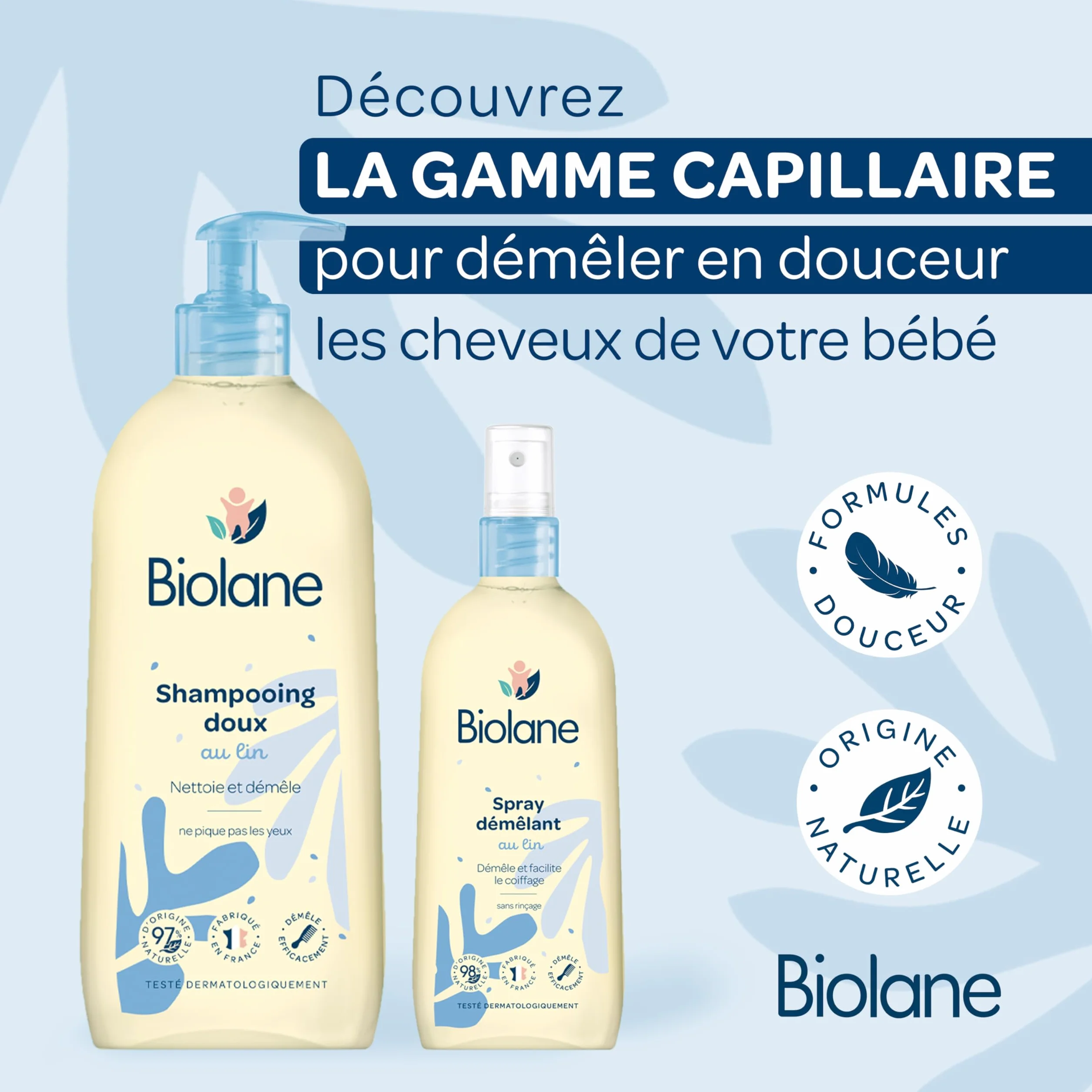 BIOLANE Spray Démêlant Bébé 200ml – Démêle efficacement – Lin Français – 98% d'origine naturelle