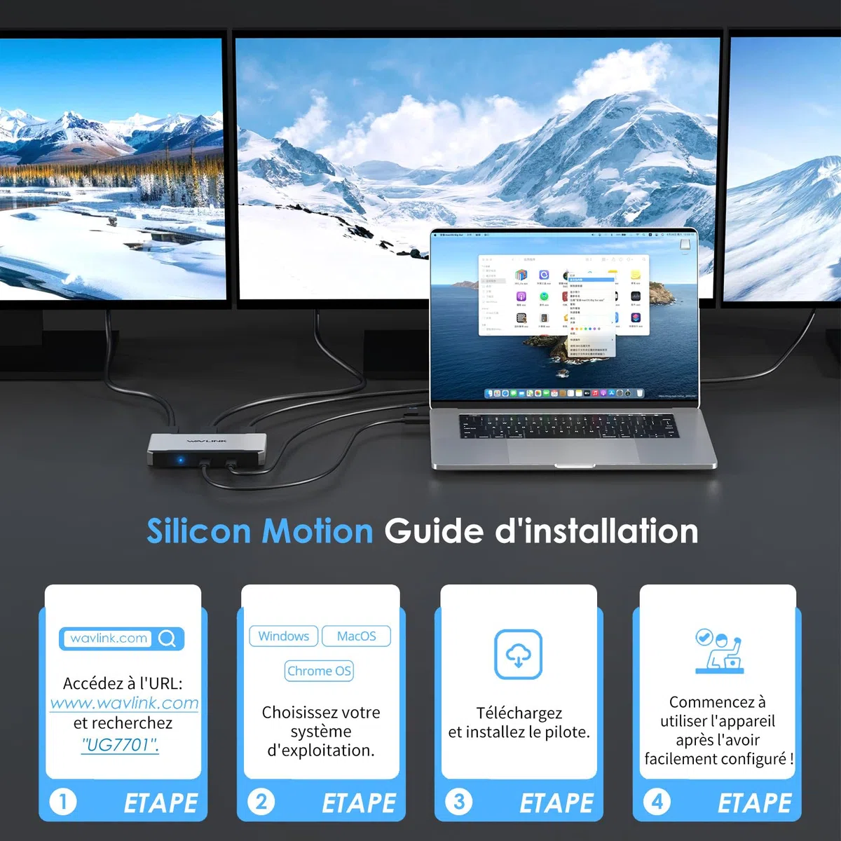 WAVLINK Station d'accueil pour 3 moniteurs, Adaptateur Triple Moniteur pour systèmes macOS Hôtes Type-C&A, 100W PD in, 3 HDMI 2 DP Disponibles,Triple 4K@60Hz,Pilote SMI et hôte USB3.2 Gen 2 requis