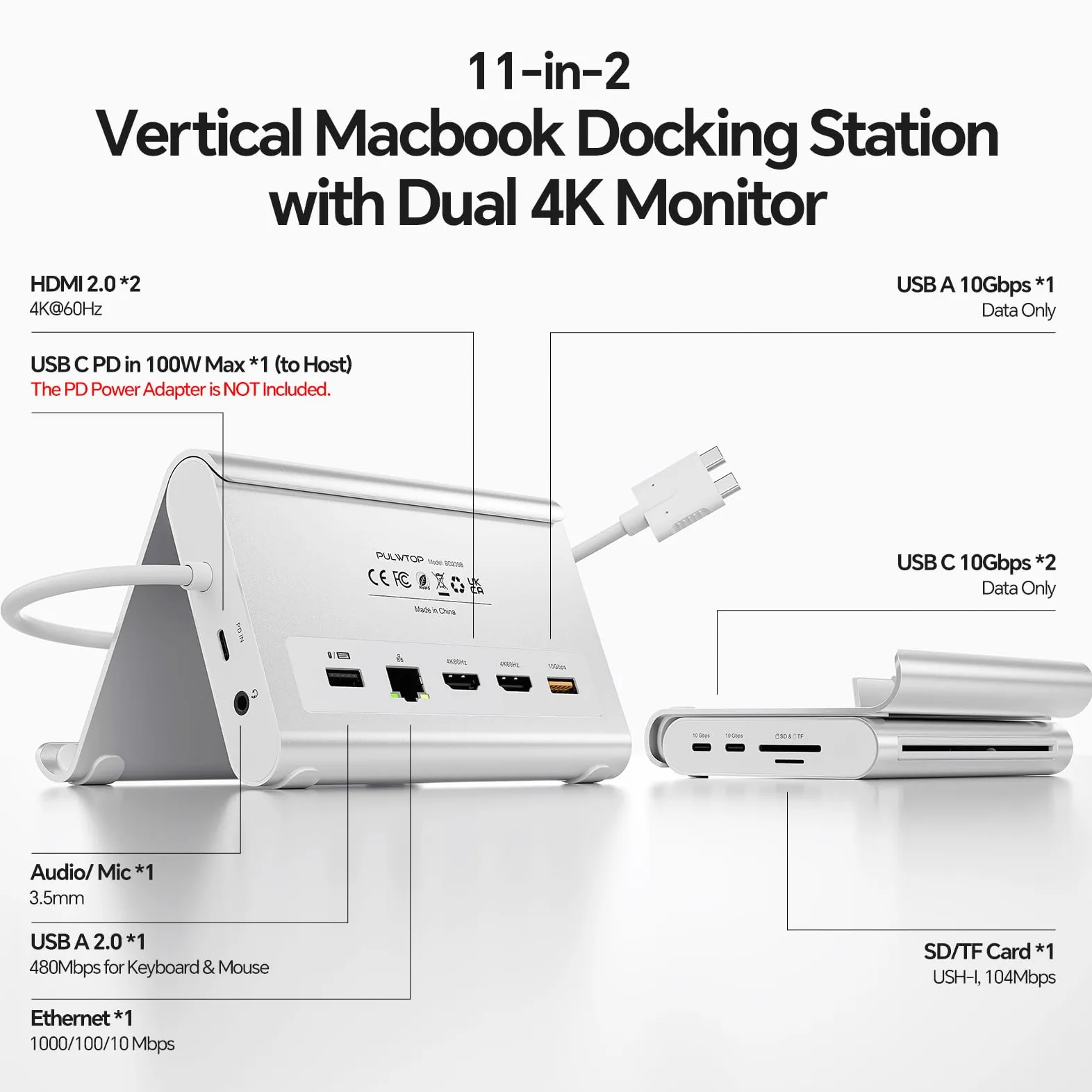 PULWTOP Laptop Docking Station Dual Monitor 4K@60Hz, PD 100W, Ethernet
