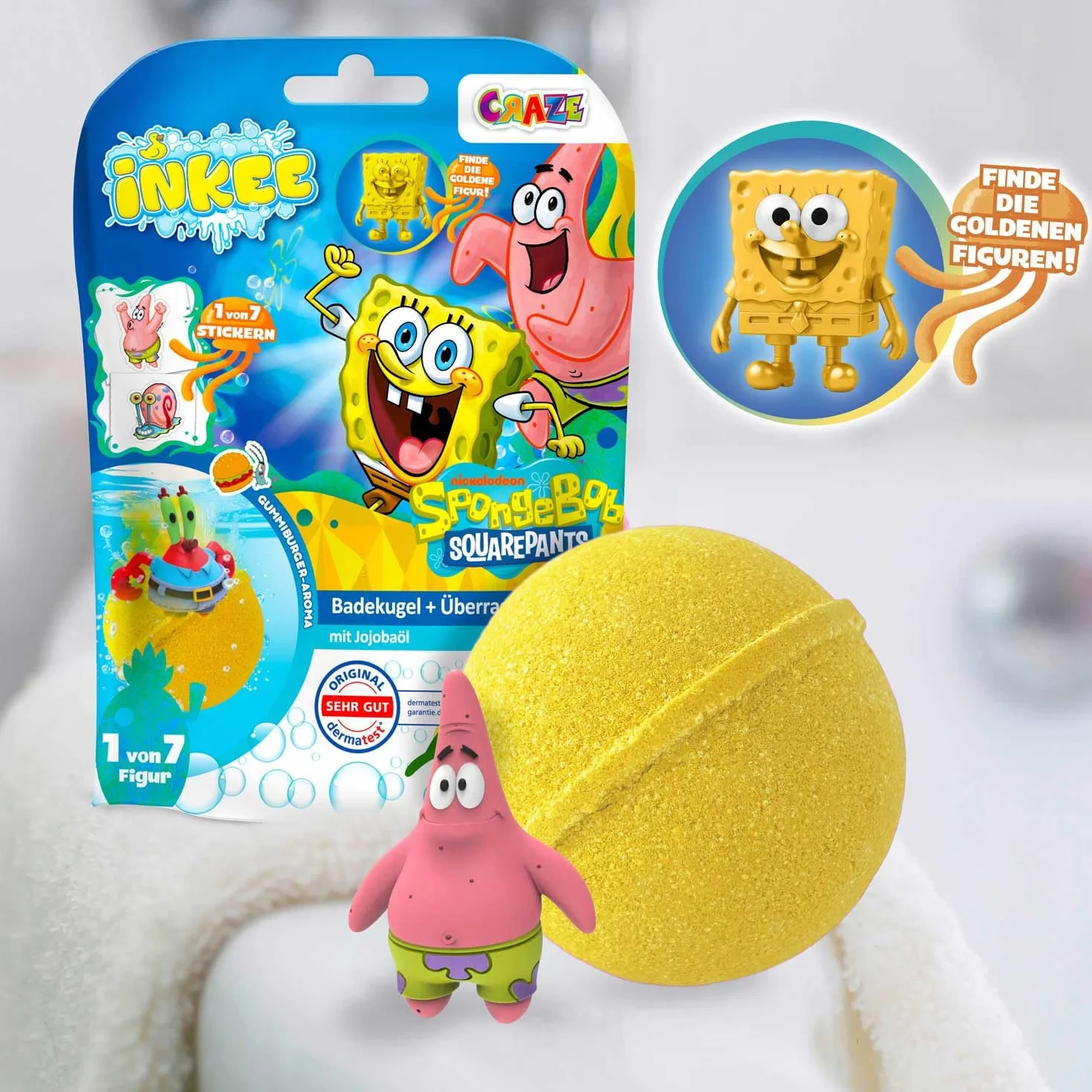 INKEE Bob l'Éponge GOLD EDITION Boule de bain surprise Figurine collection Tatouage enfant Parfum Pastèque 100g