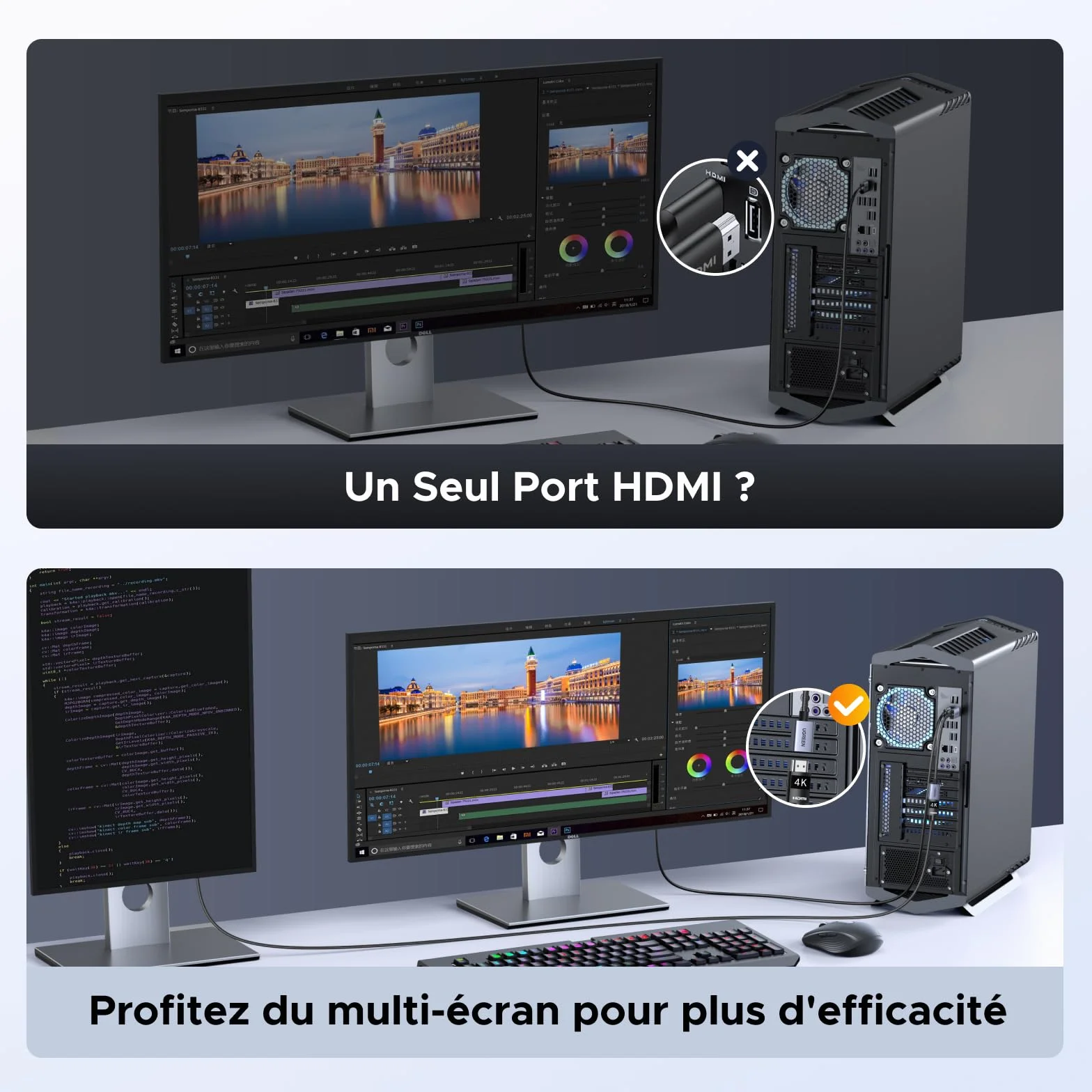 UGREEN Adaptateur DisplayPort vers HDMI 4K 30Hz 2K 60Hz Convertisseur DP Mâle vers HDMI Femelle Nylon Tressé