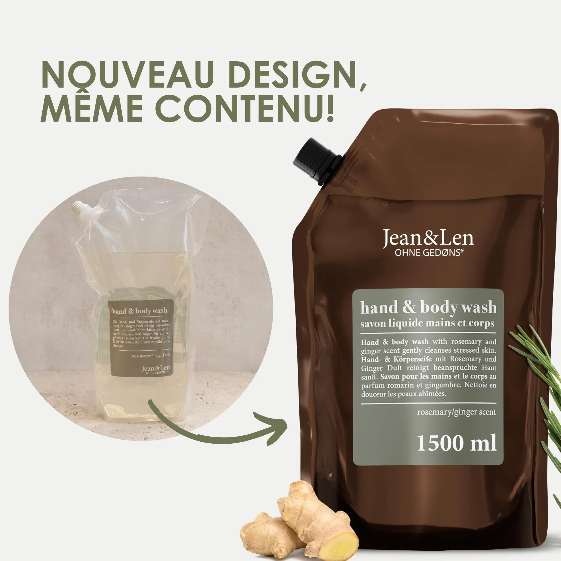 Jean & Len Hand & Body Wash Rosemary et Ginger éco-recharge 1,5 L savon liquide sans silicones parabènes