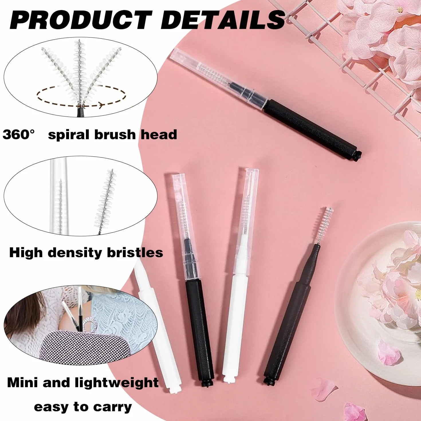 Lot de 60 micro-brosses à sourcils | Brosse à cils avec capuchon | Mini-brosse à cils pour extensions de cils (noir, blanc)